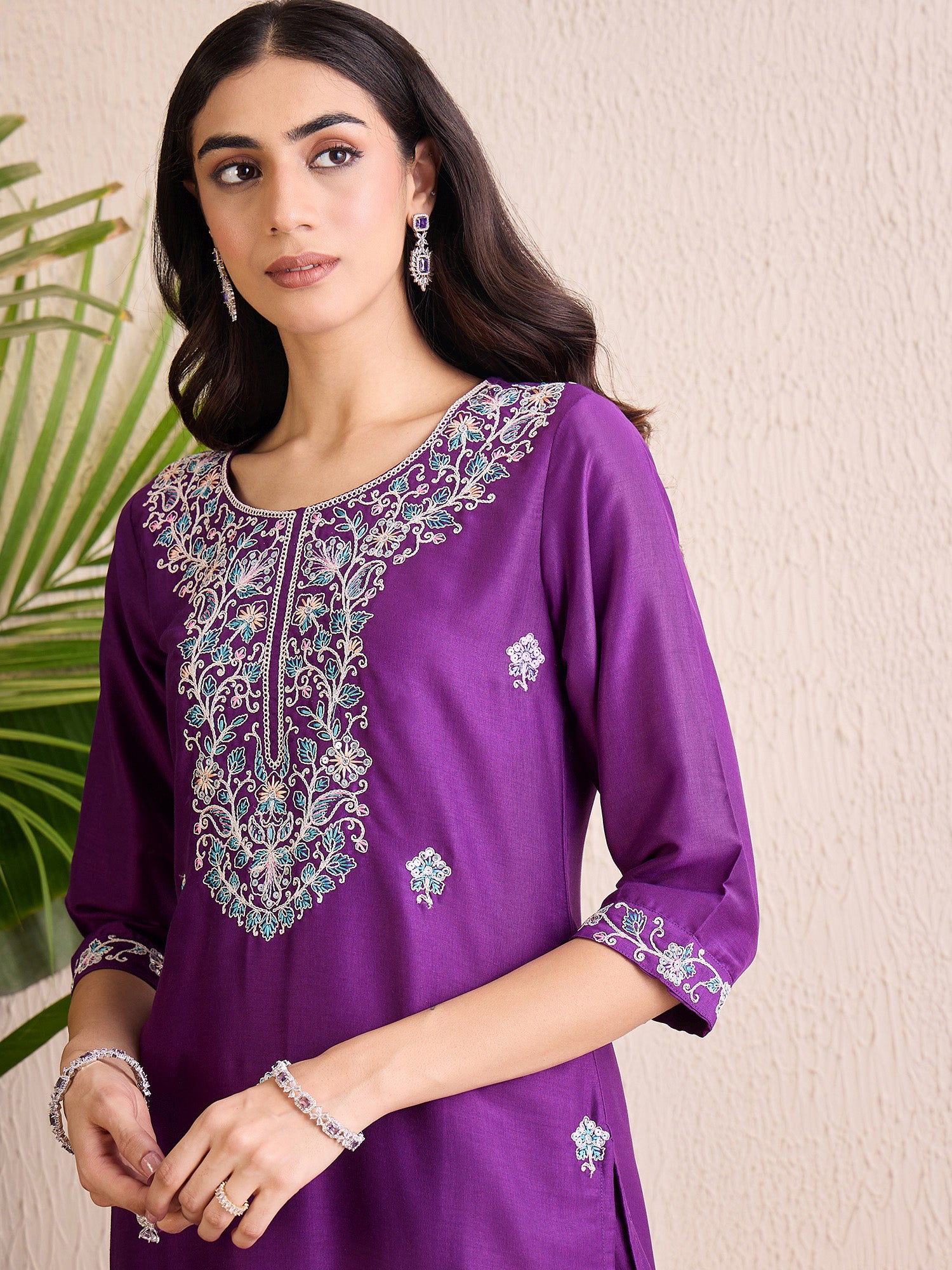 Indo Era Purple Embroidered Straight Kurta Trousers With Dupatta set