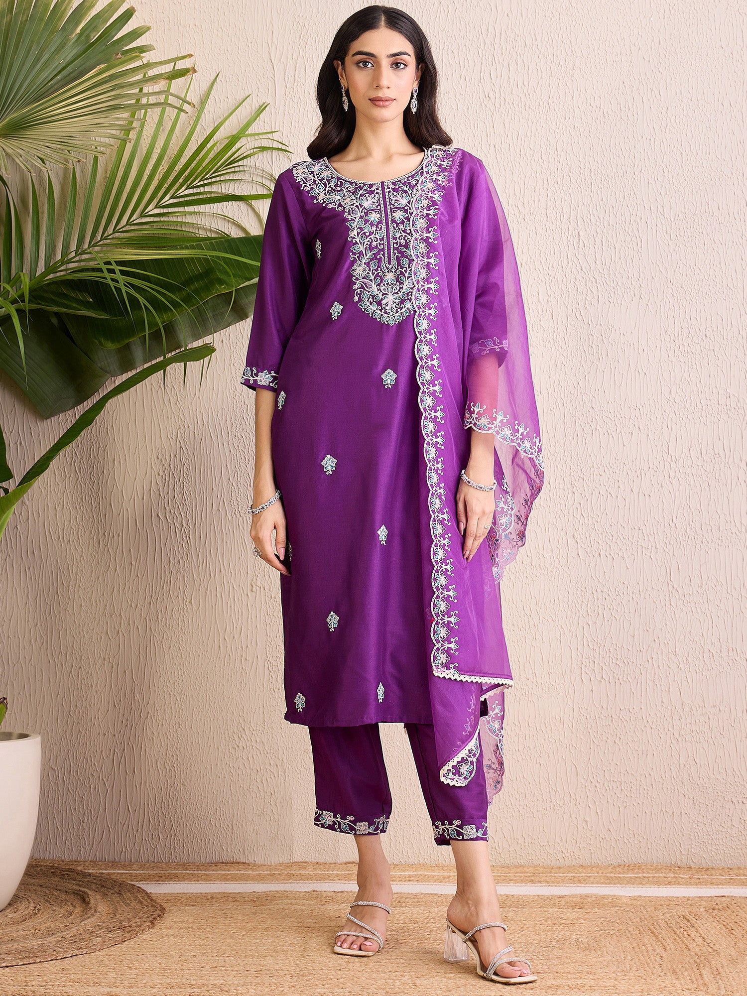 Indo Era Purple Embroidered Straight Kurta Trousers With Dupatta set