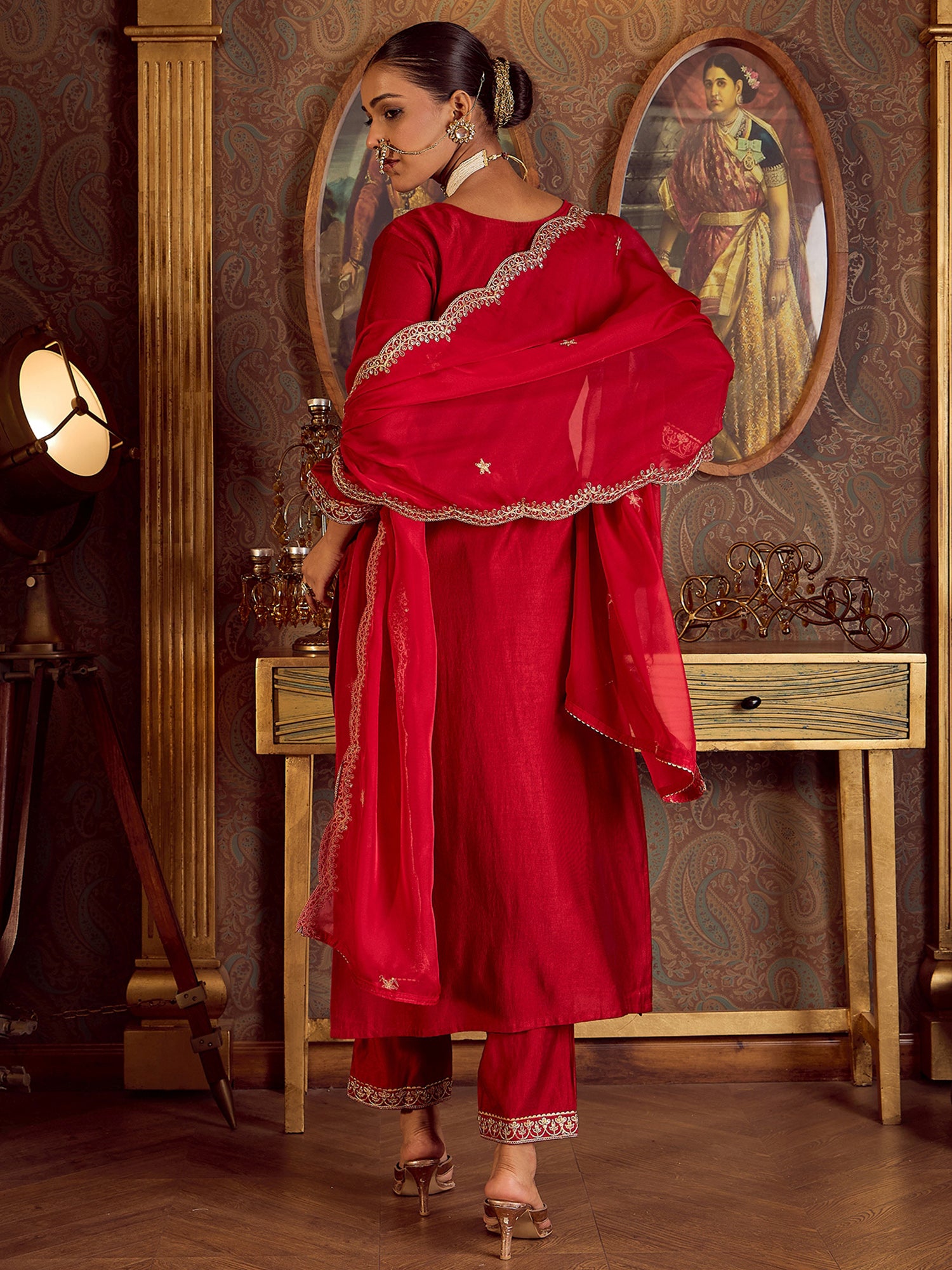 Indo Era Red Embroidered Straight Kurta Trousers With Dupatta Set