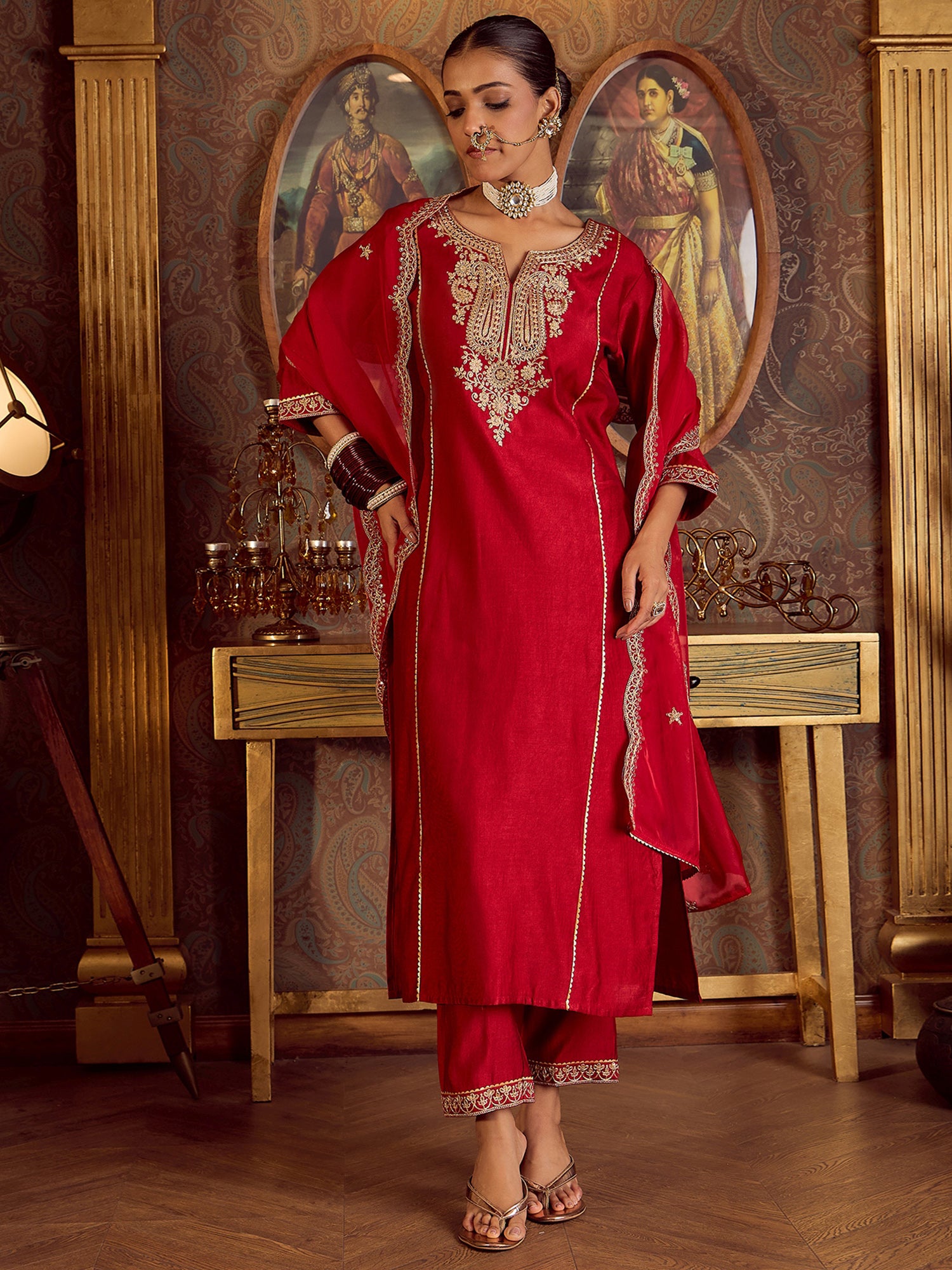 Indo Era Red Embroidered Straight Kurta Trousers With Dupatta Set