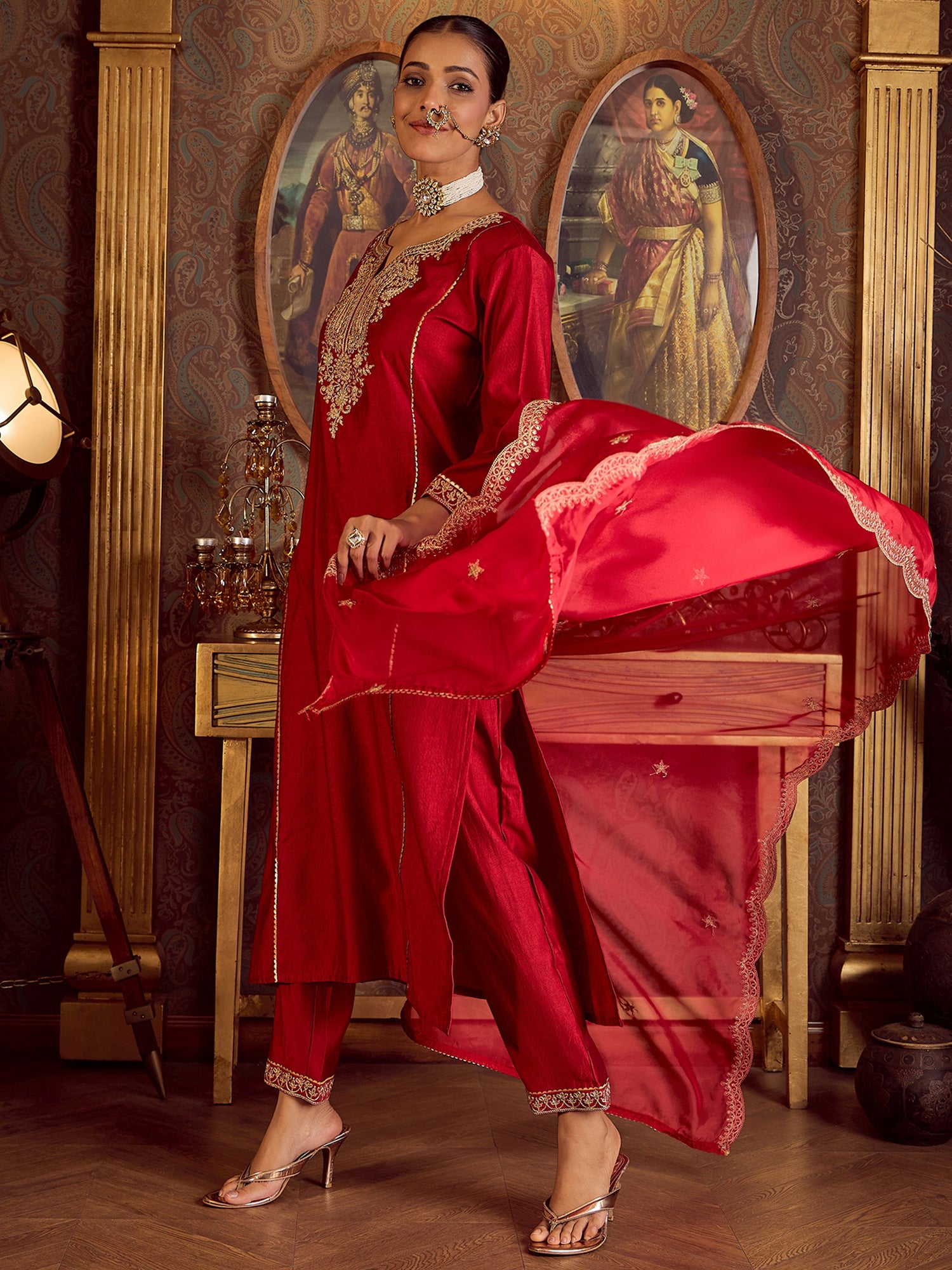 Indo Era Red Embroidered Straight Kurta Trousers With Dupatta Set