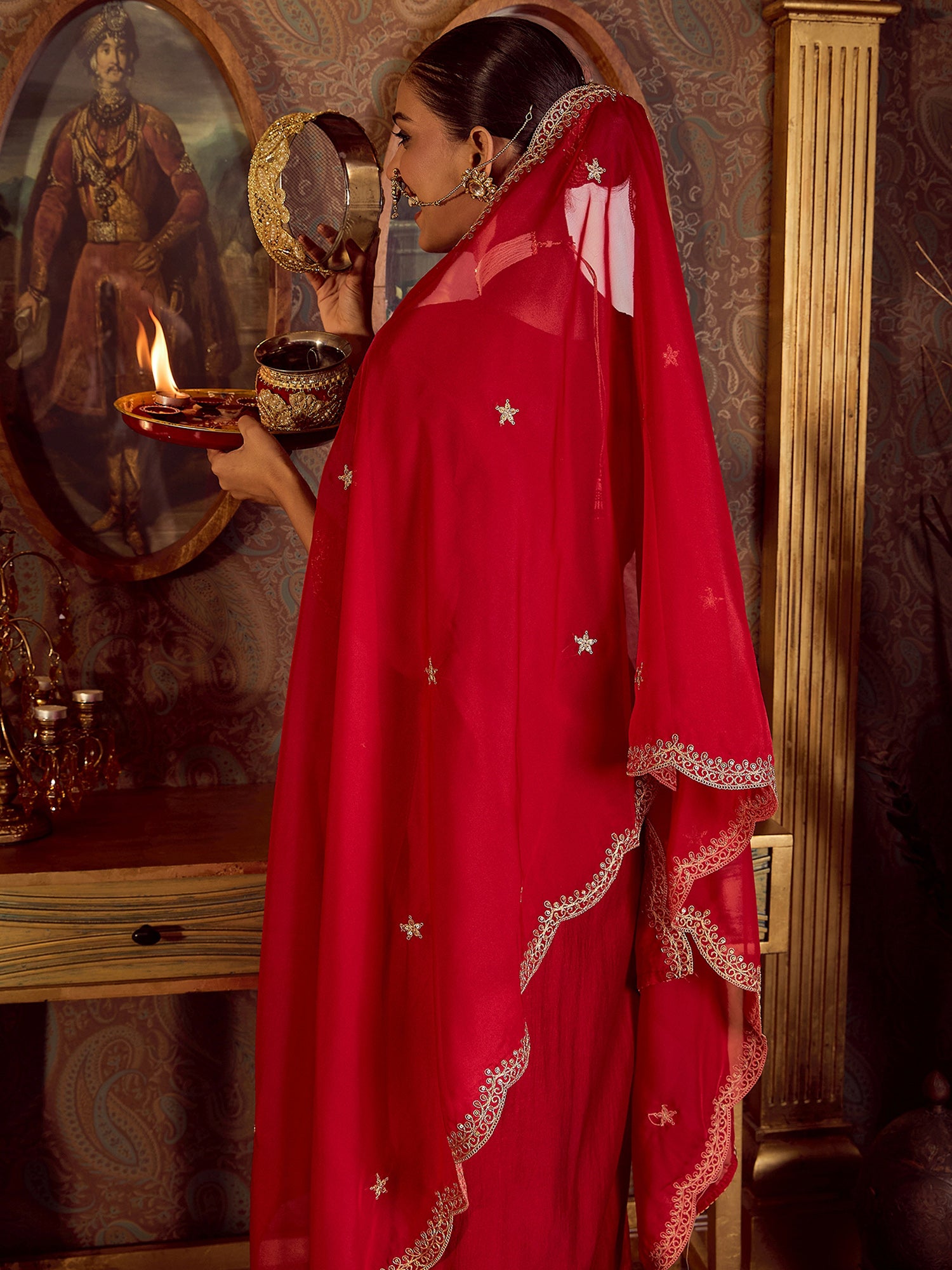 Indo Era Red Embroidered Straight Kurta Trousers With Dupatta Set