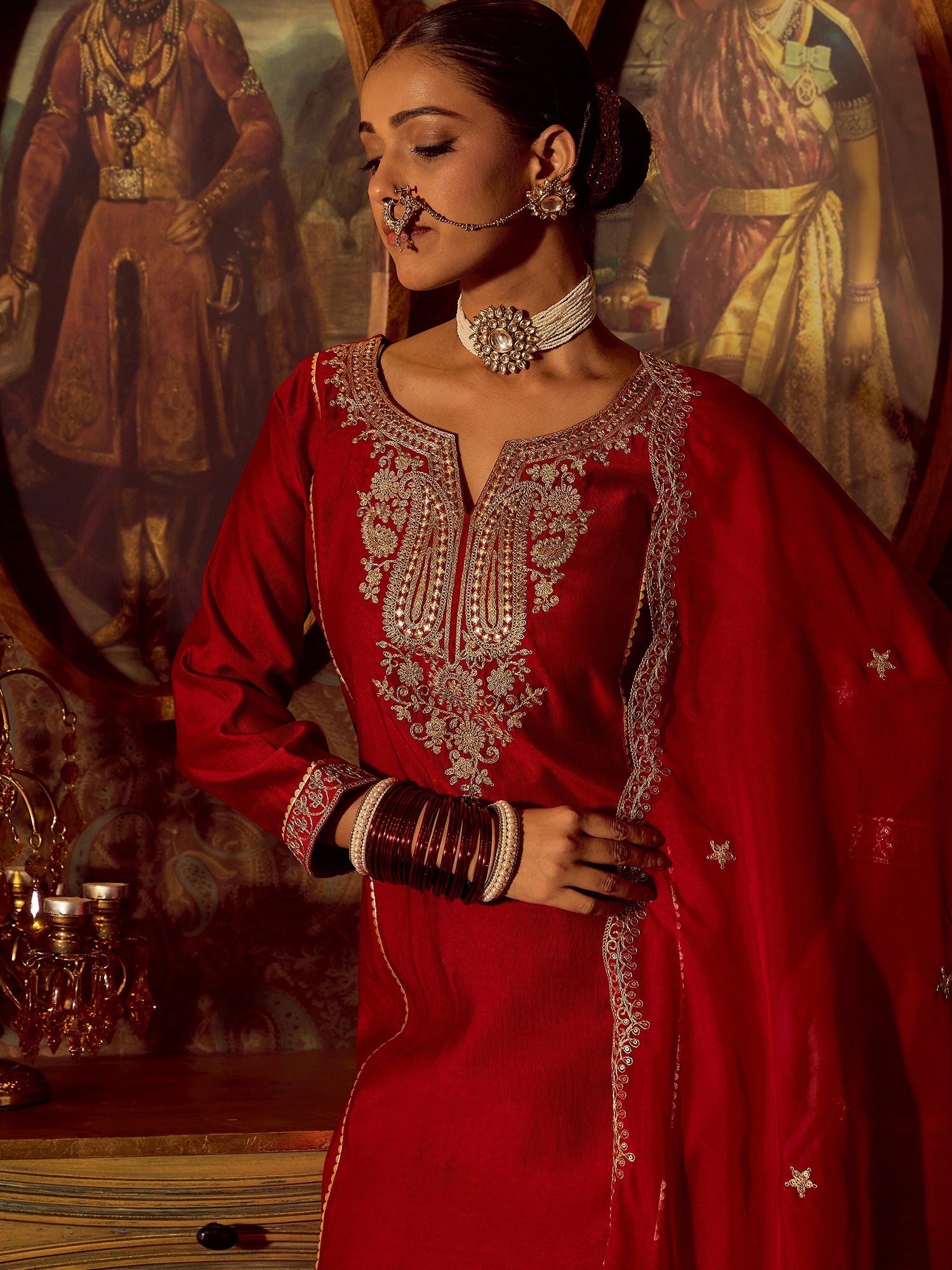 Indo Era Red Embroidered Straight Kurta Trousers With Dupatta Set