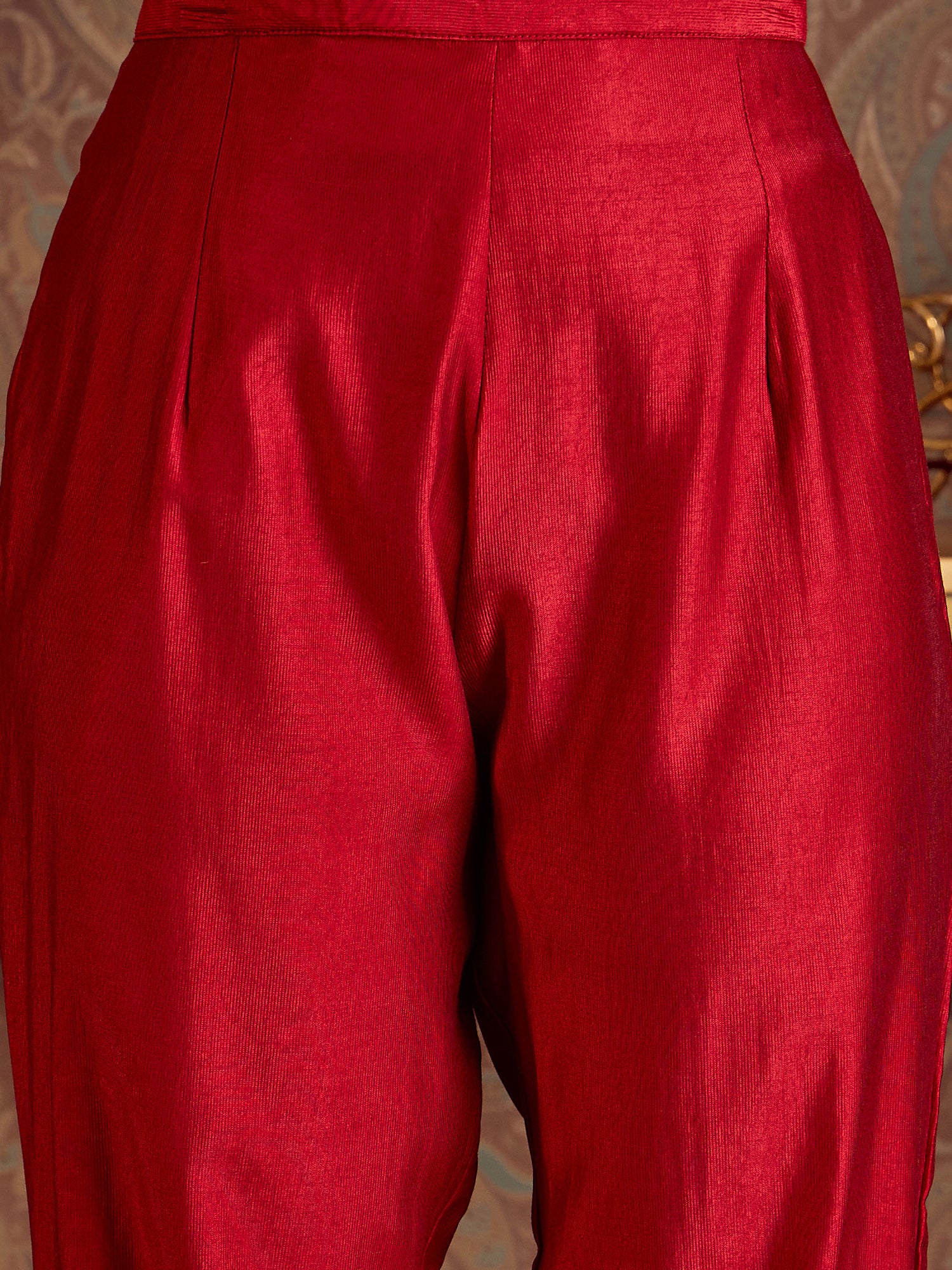 Indo Era Red Embroidered Straight Kurta Trousers With Dupatta Set