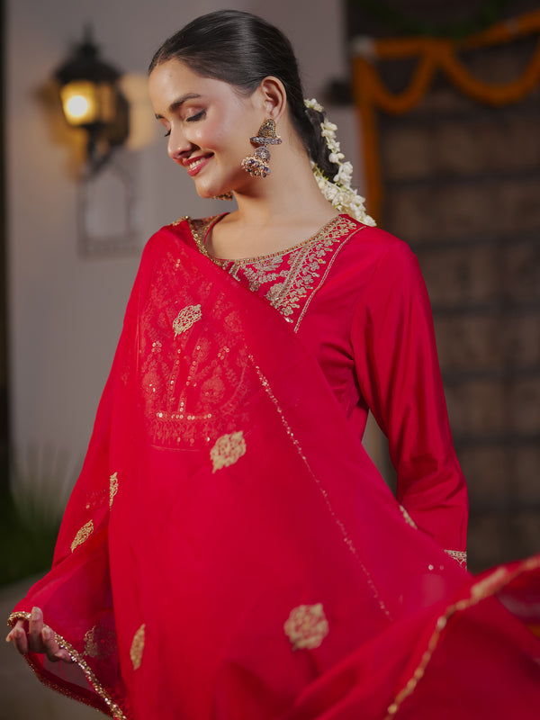 Indo Era Red Embroidered Straight Kurta Trousers With Dupatta  Set