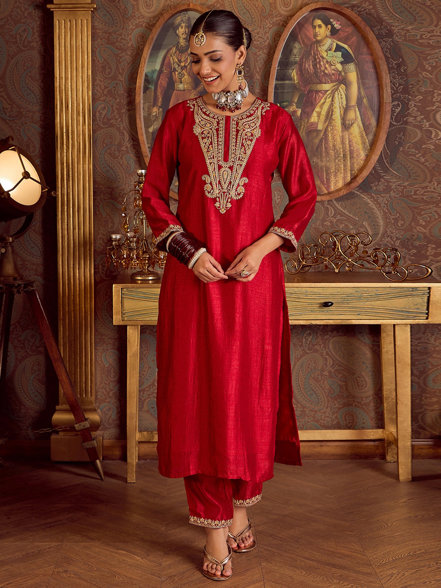 Indo Era Red Embroidered Straight Kurta Palazzos With Dupatta set