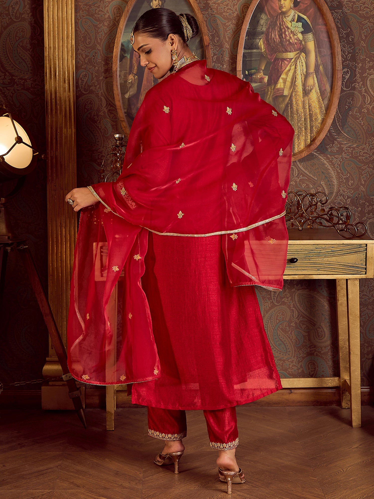 Indo Era Red Embroidered Straight Kurta Palazzos With Dupatta set