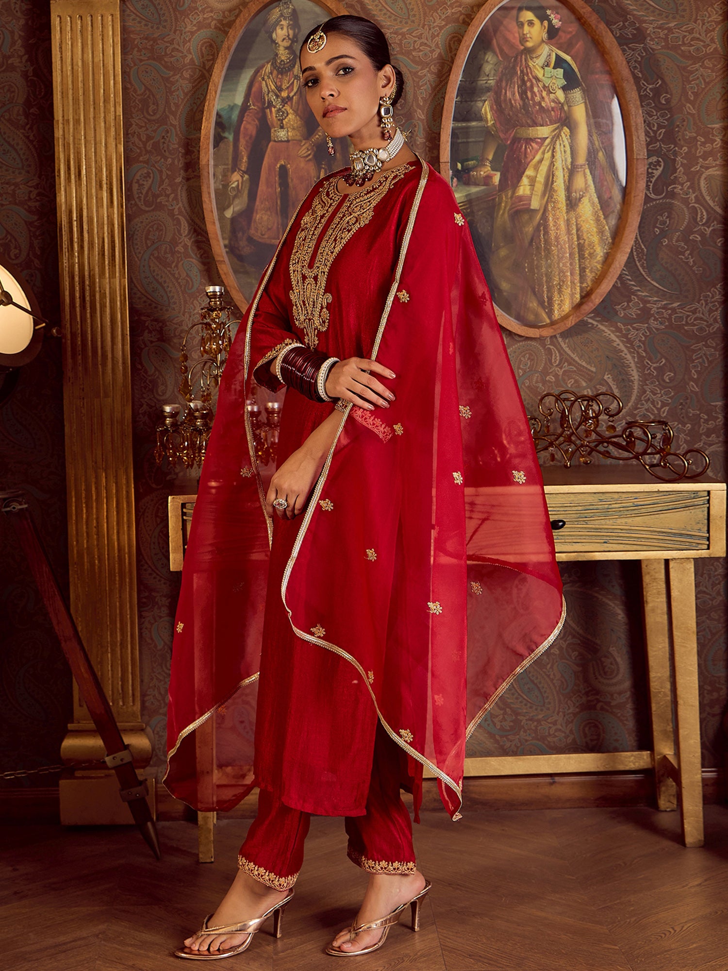 Indo Era Red Embroidered Straight Kurta Palazzos With Dupatta set