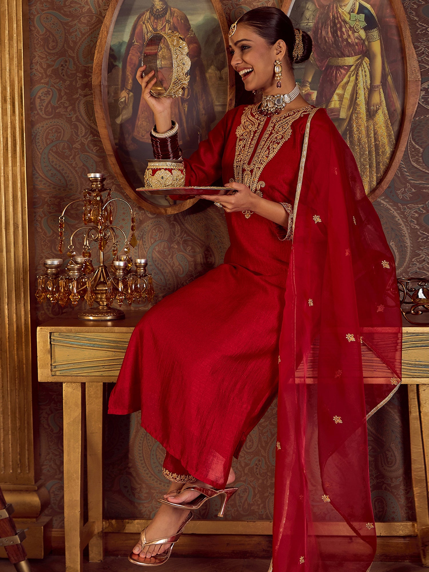 Indo Era Red Embroidered Straight Kurta Palazzos With Dupatta set