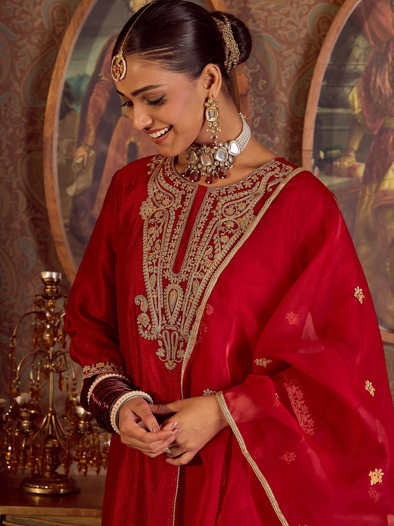 Indo Era Red Embroidered Straight Kurta Palazzos With Dupatta set