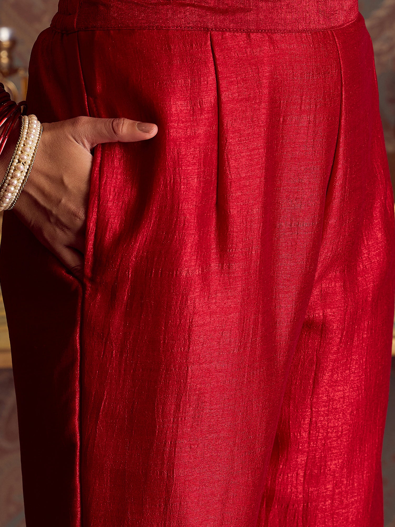 Indo Era Red Embroidered Straight Kurta Palazzos With Dupatta set