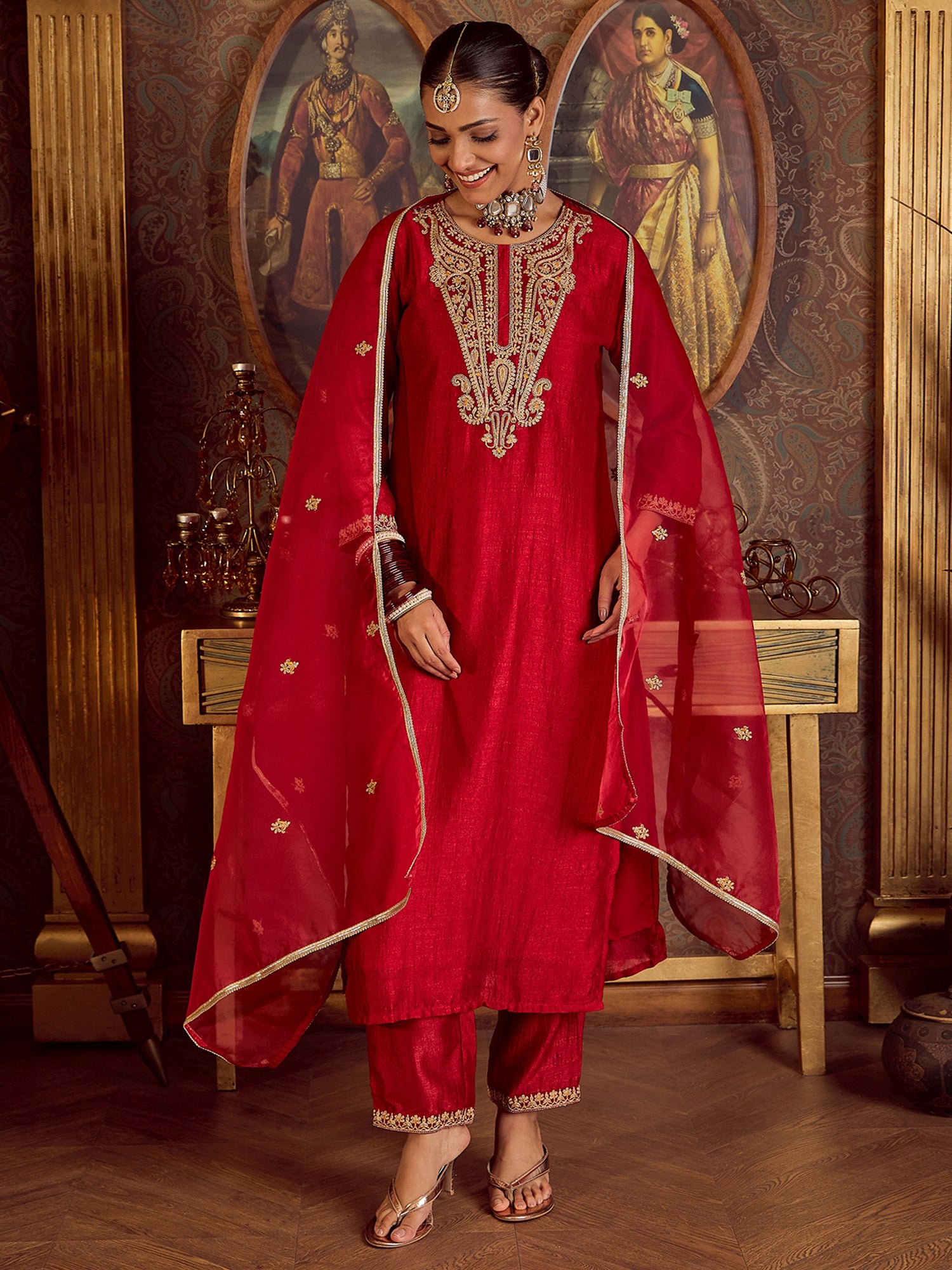 Indo Era Red Embroidered Straight Kurta Palazzos With Dupatta set