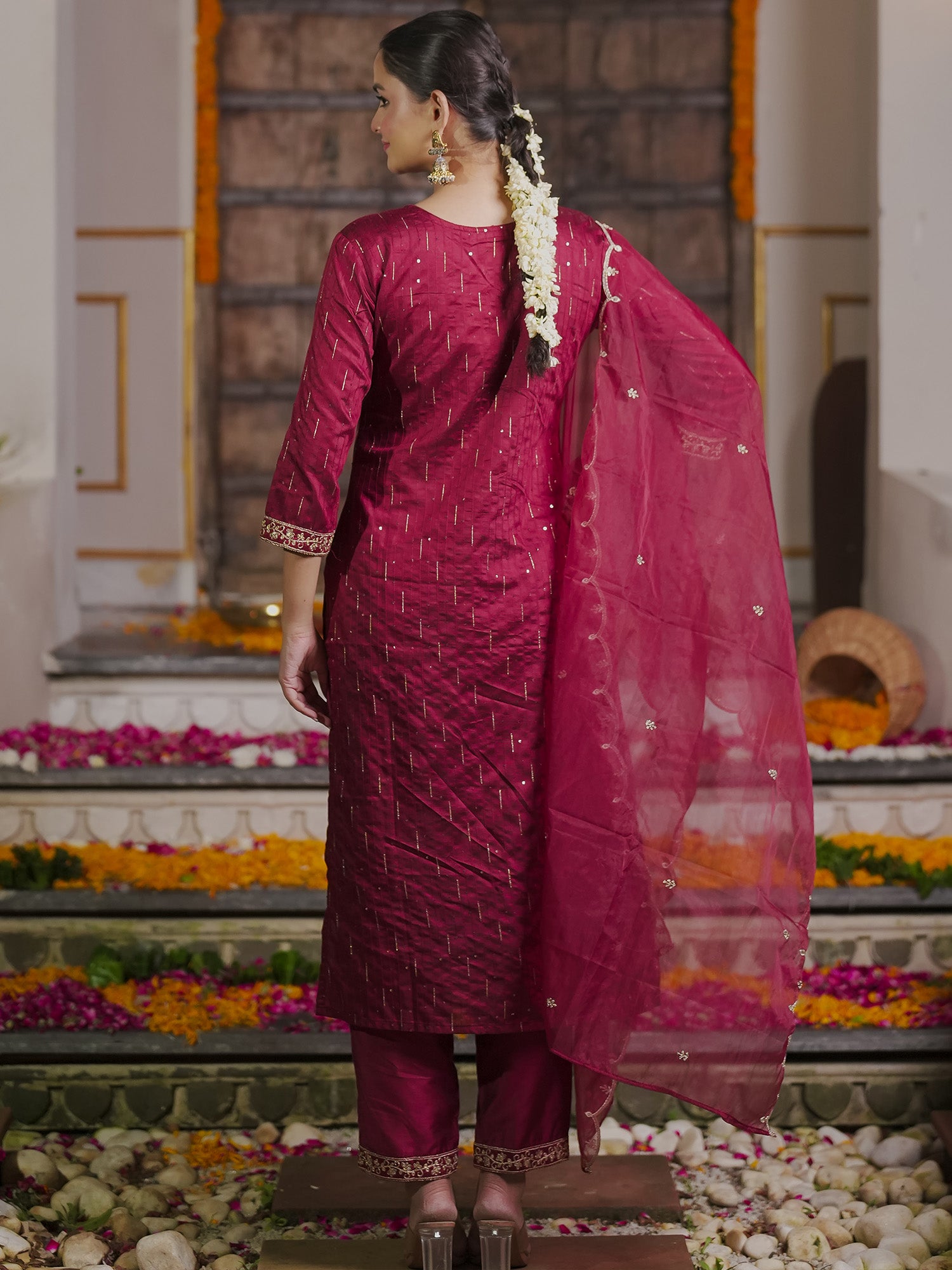 Indo Era Maroon Embroidered Straight Kurta Trousers With Dupatta set