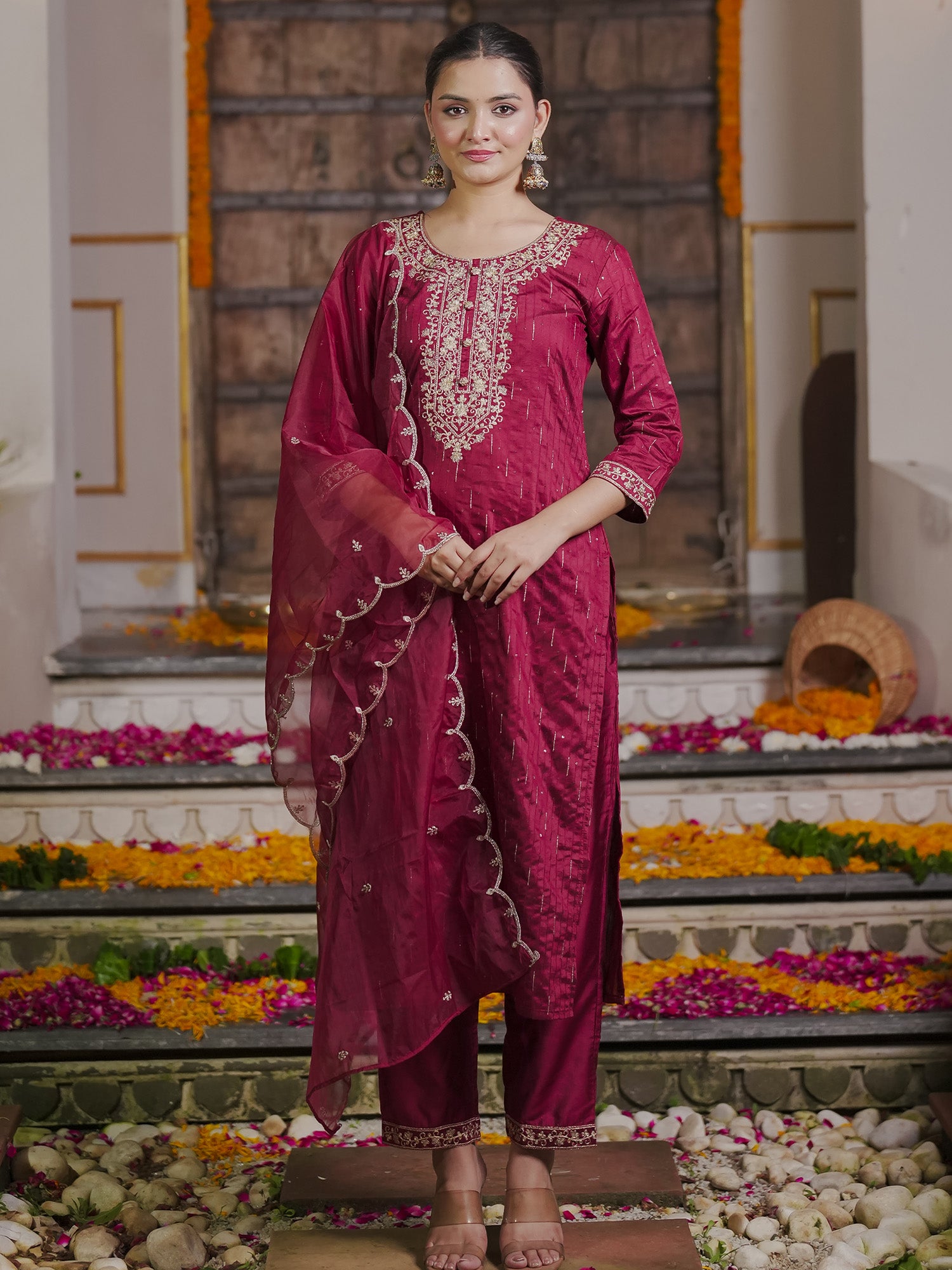 Indo Era Maroon Embroidered Straight Kurta Trousers With Dupatta set