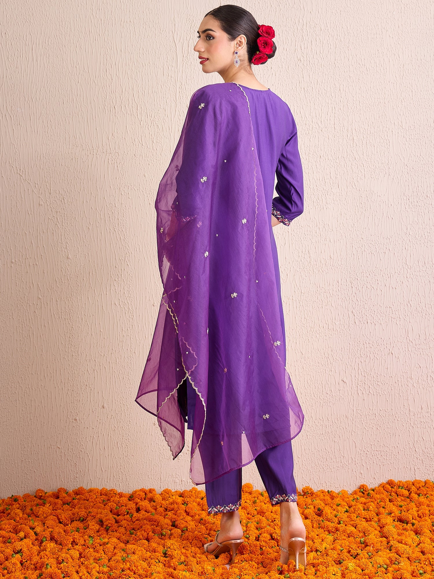 Indo Era Purple Embroidered Straight Kurta Trousers With Dupatta Set