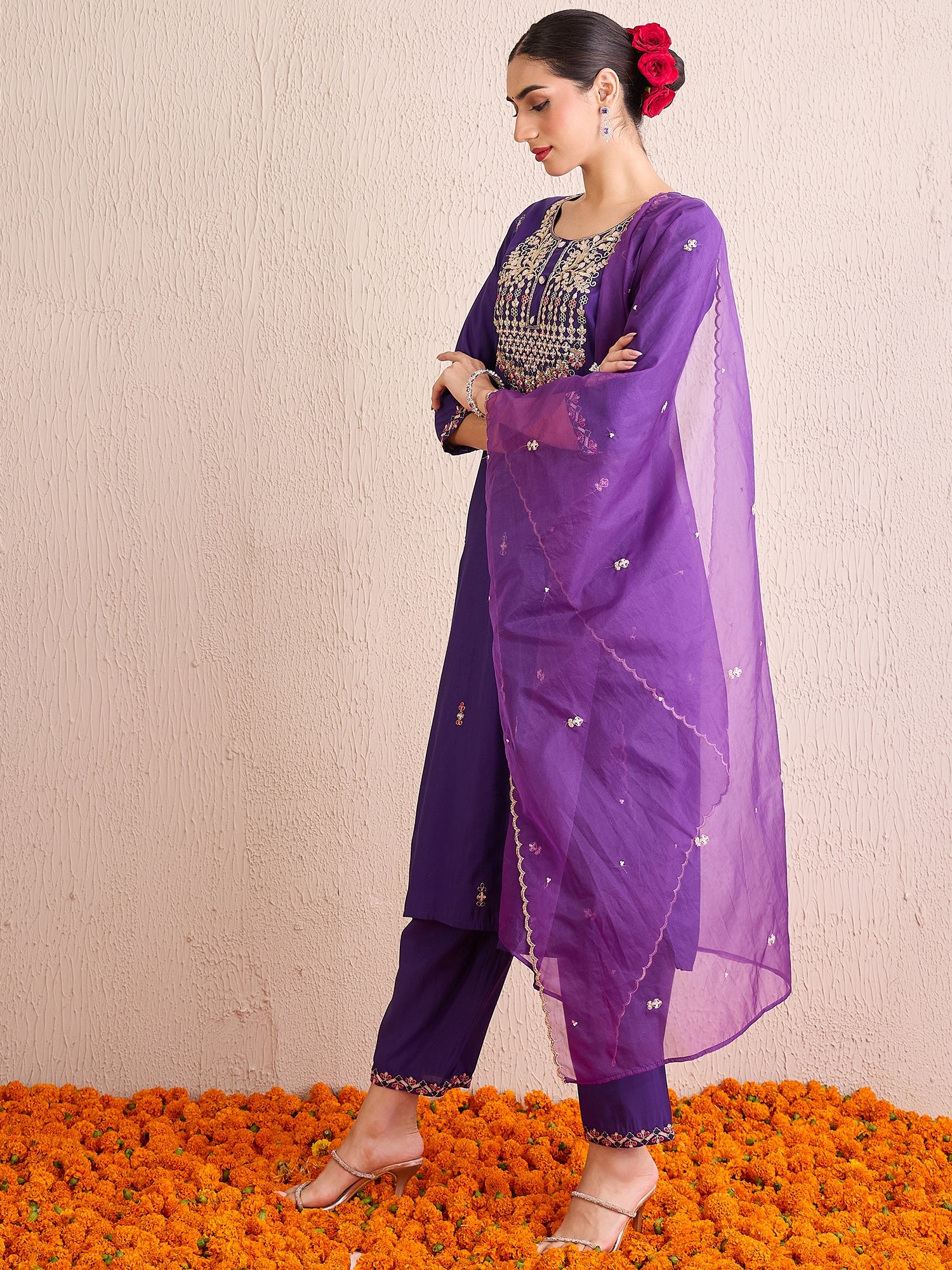 Indo Era Purple Embroidered Straight Kurta Trousers With Dupatta Set