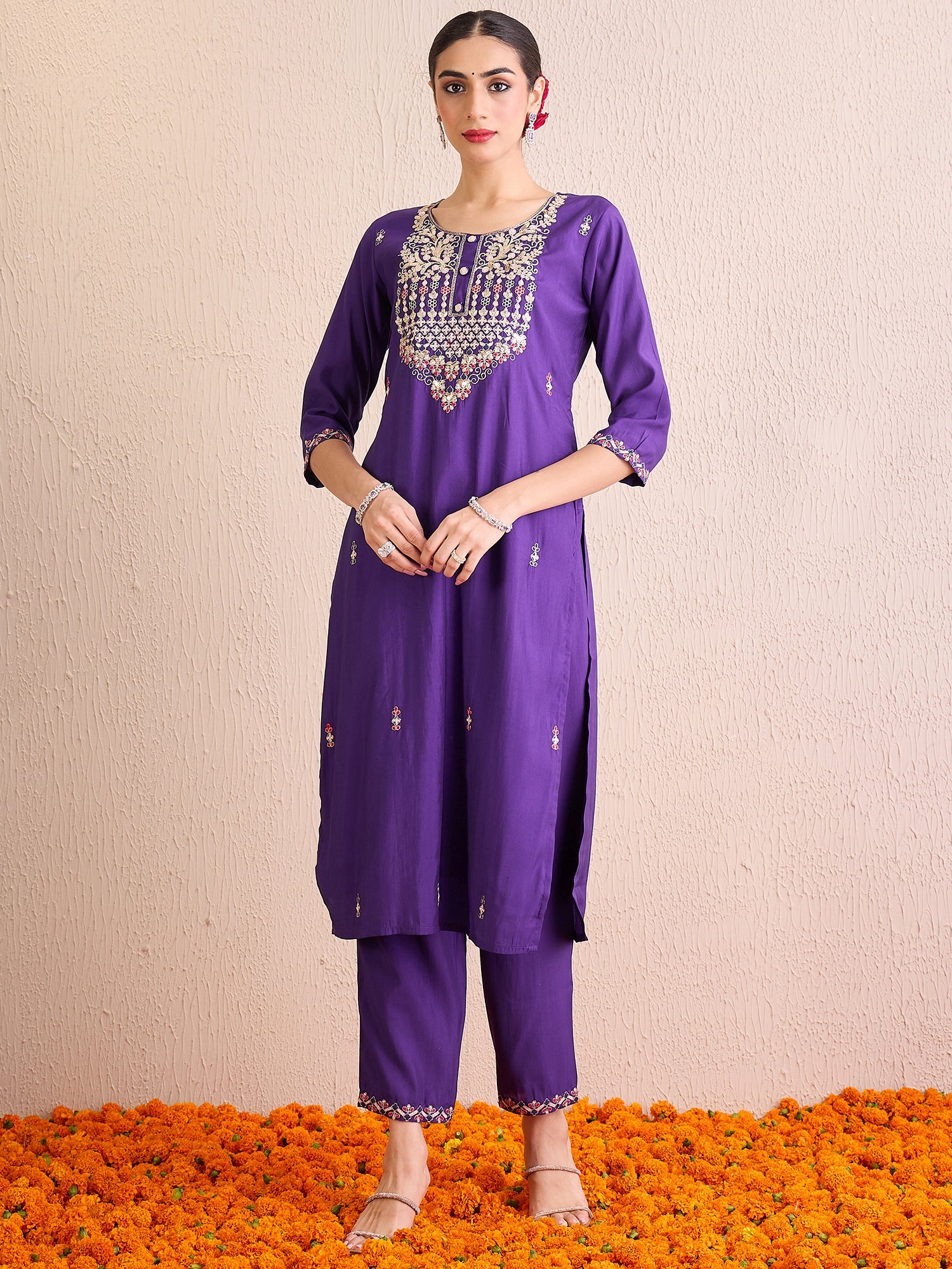 Indo Era Purple Embroidered Straight Kurta Trousers With Dupatta Set