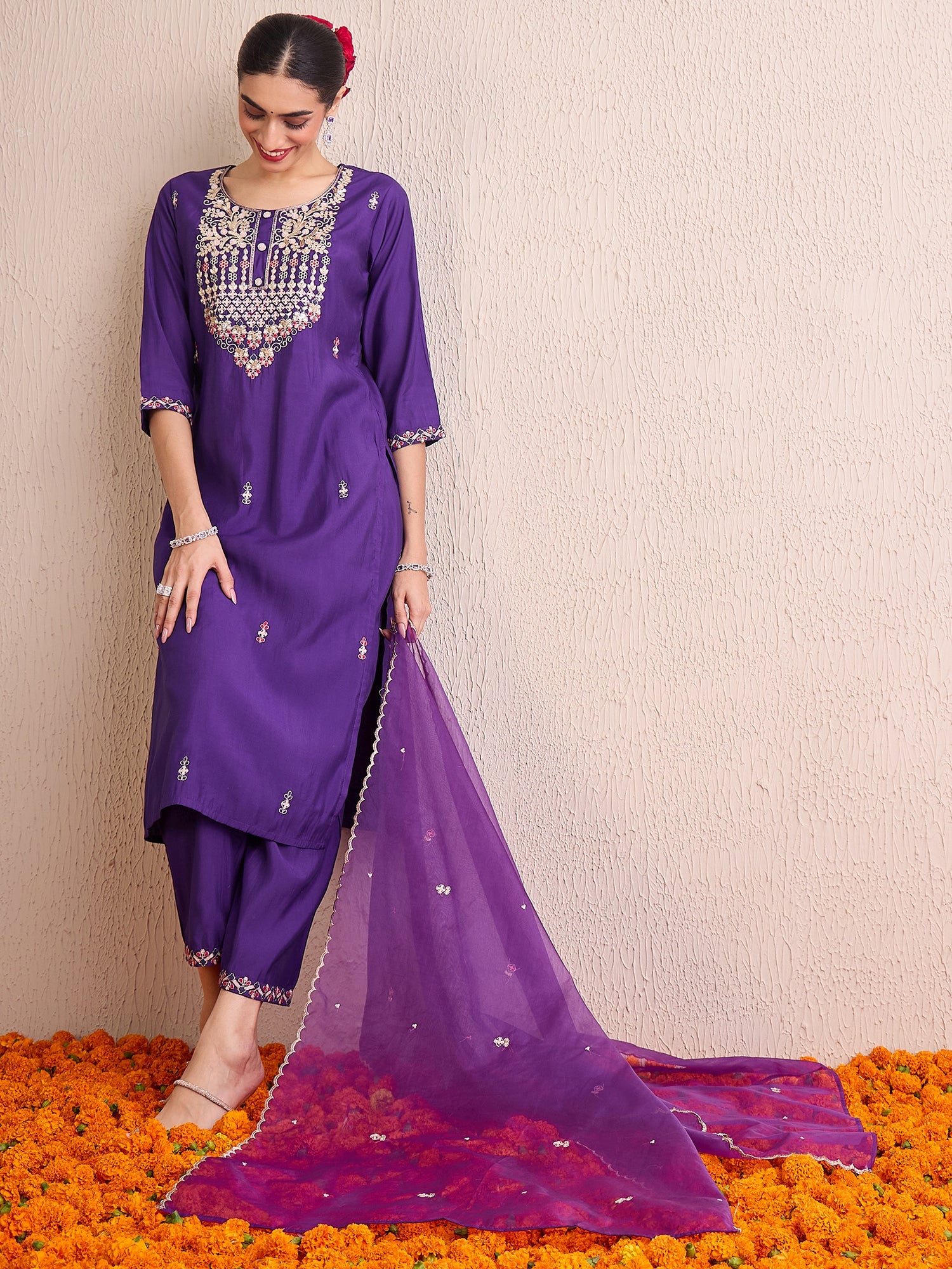 Indo Era Purple Embroidered Straight Kurta Trousers With Dupatta Set