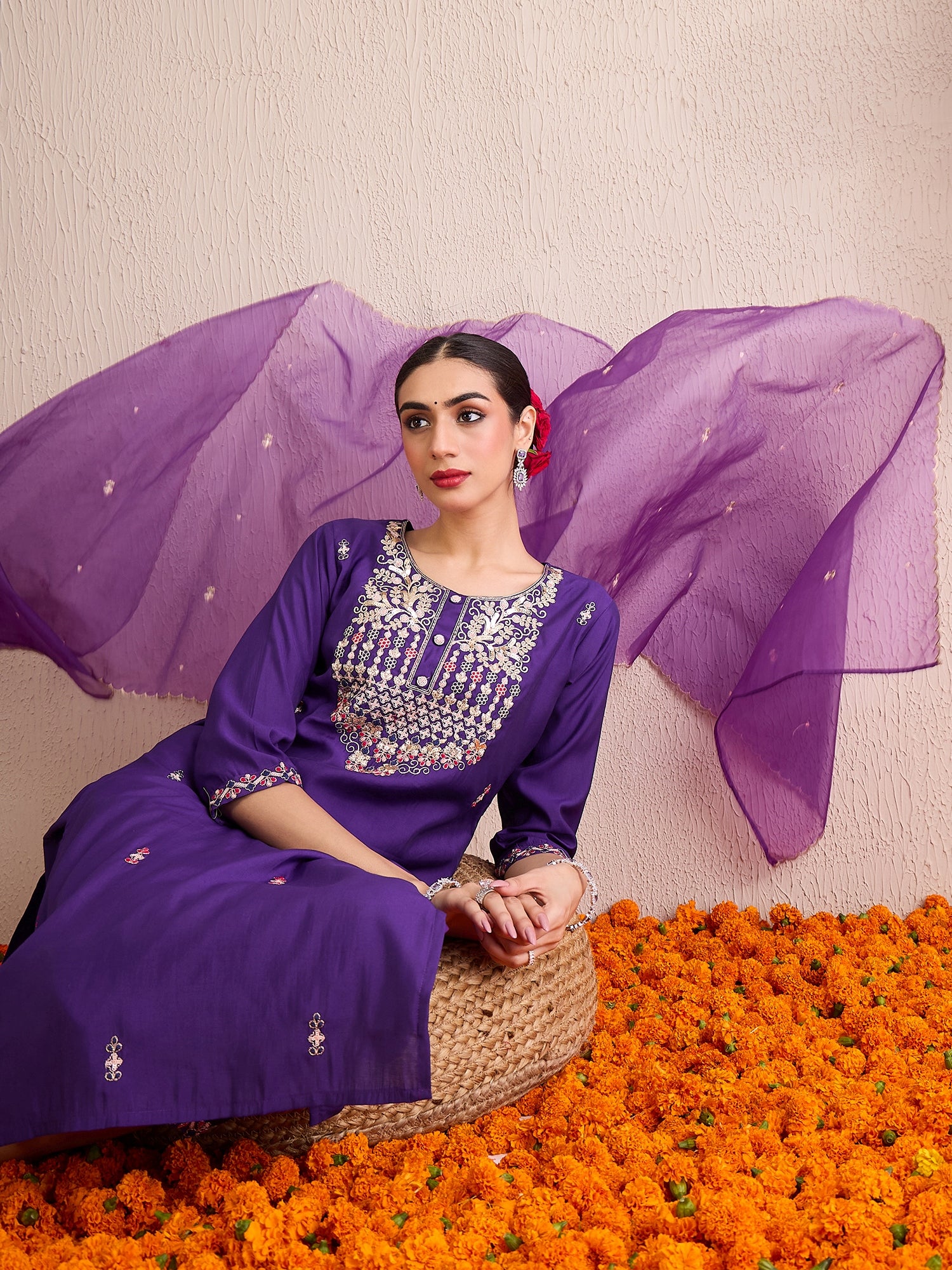 Indo Era Purple Embroidered Straight Kurta Trousers With Dupatta Set