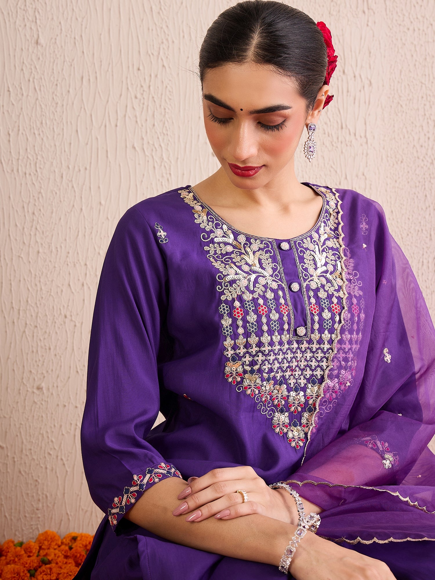 Indo Era Purple Embroidered Straight Kurta Trousers With Dupatta Set