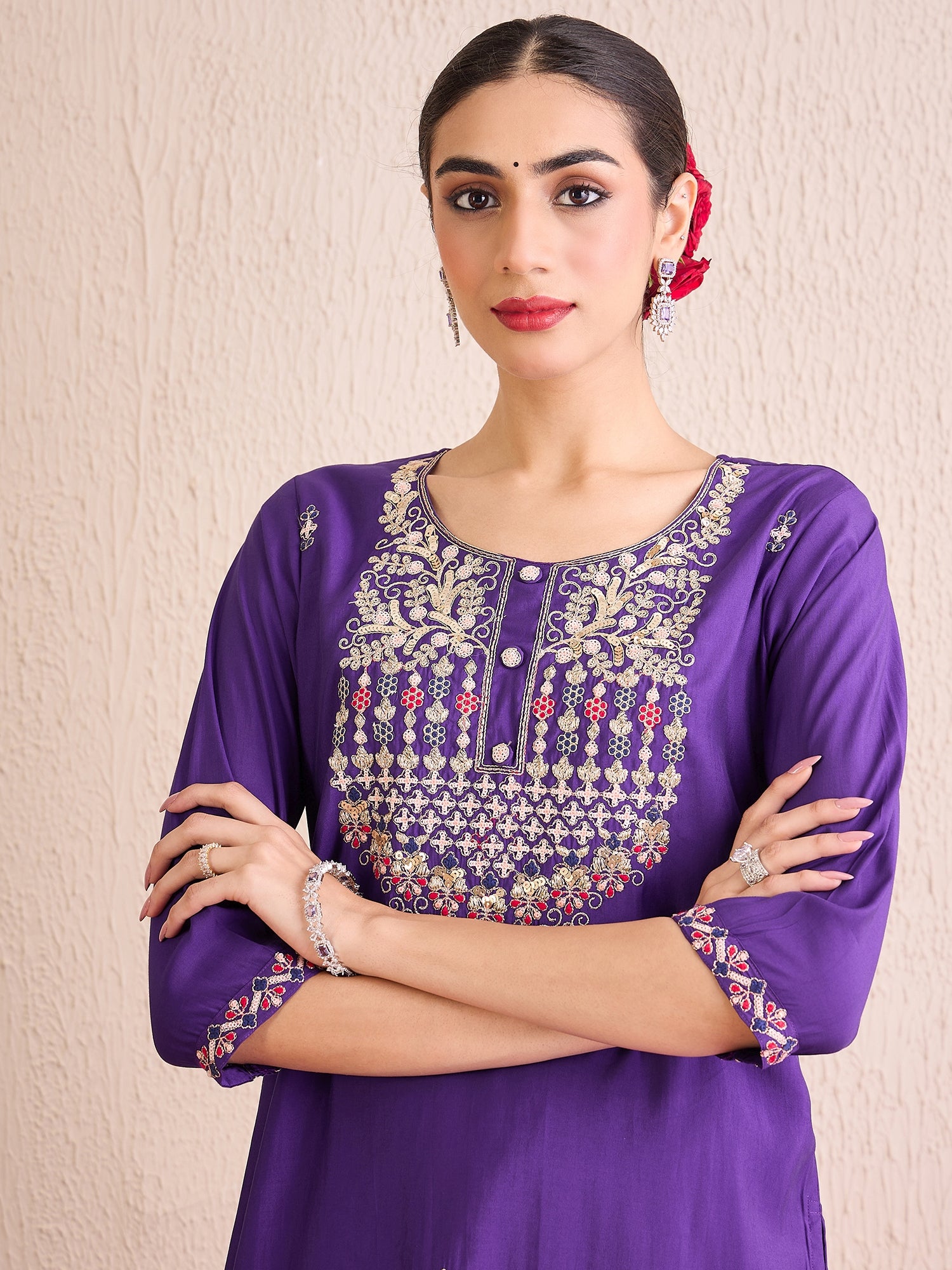 Indo Era Purple Embroidered Straight Kurta Trousers With Dupatta Set