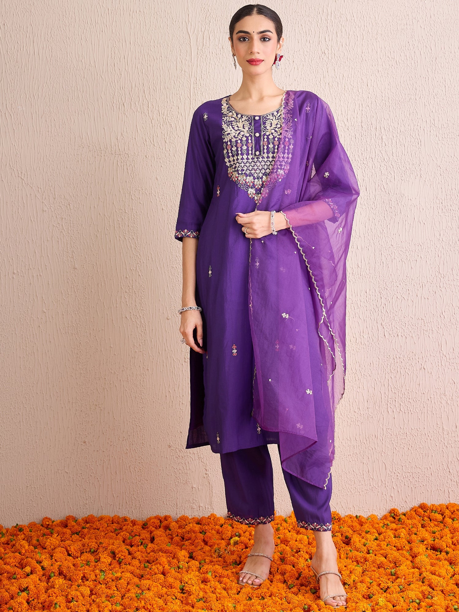 Indo Era Purple Embroidered Straight Kurta Trousers With Dupatta Set