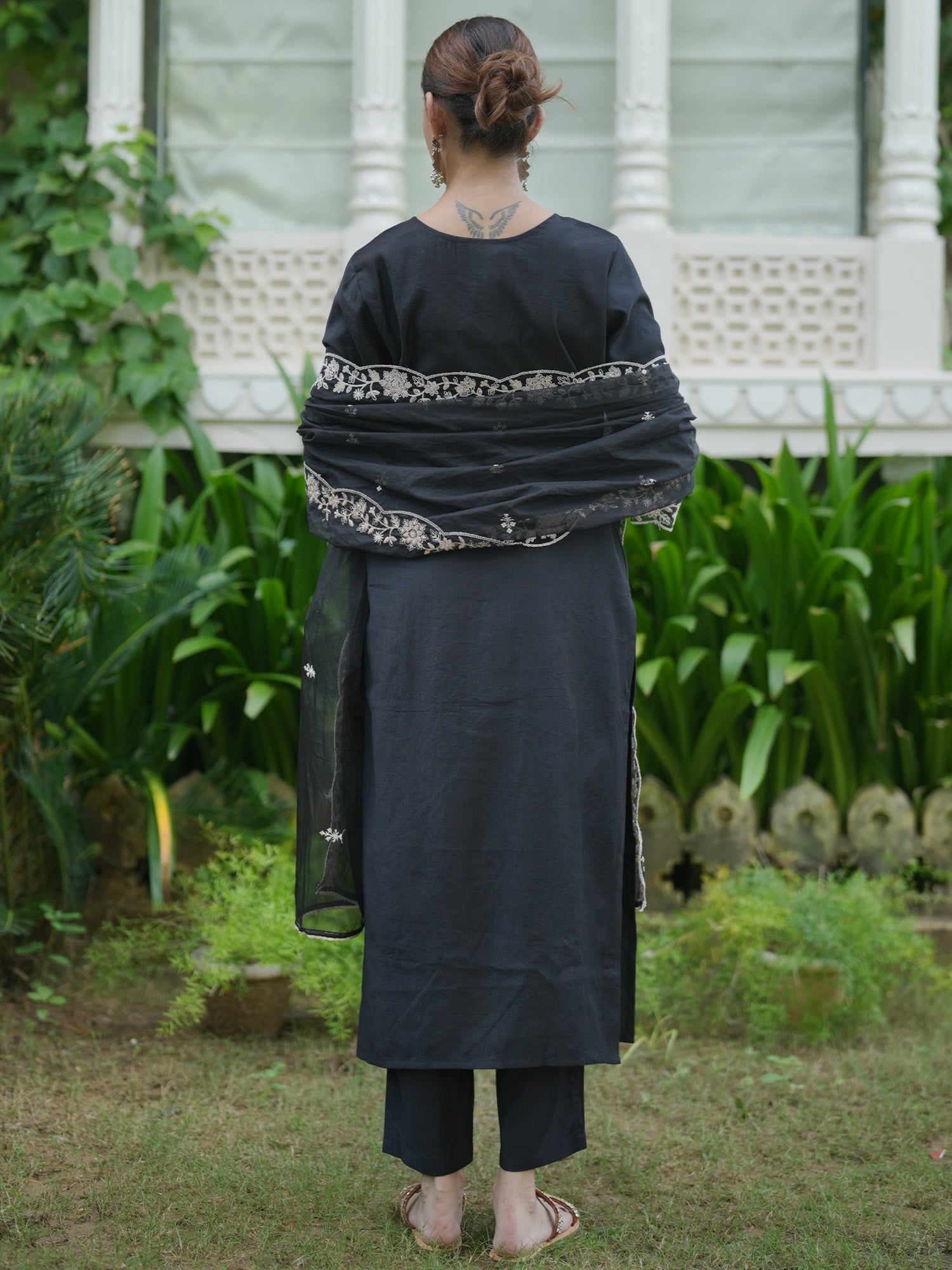 Indo Era Black Embroidered Straight Kurta Trousers With Dupatta  Set