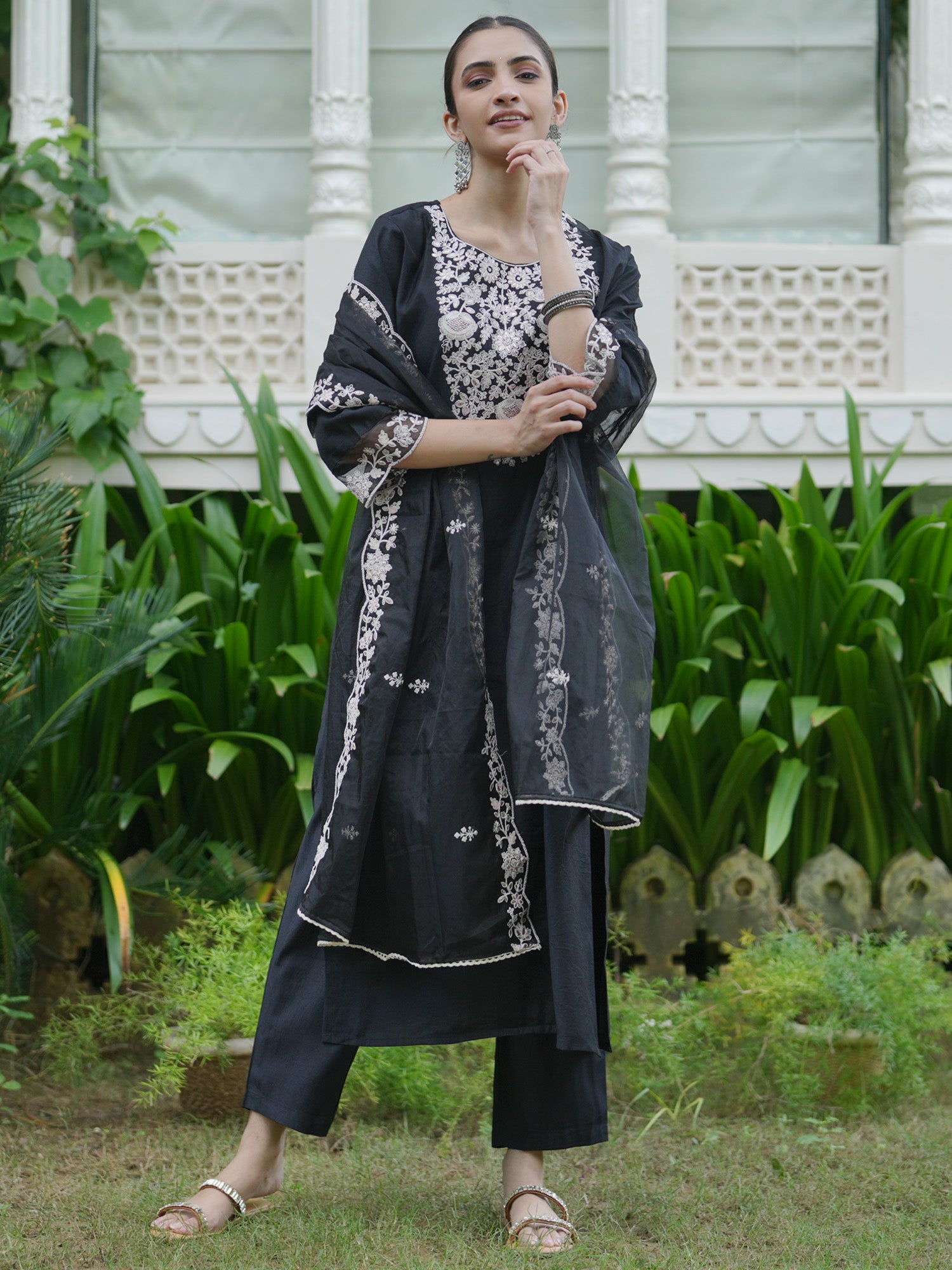 Indo Era Black Embroidered Straight Kurta Trousers With Dupatta  Set