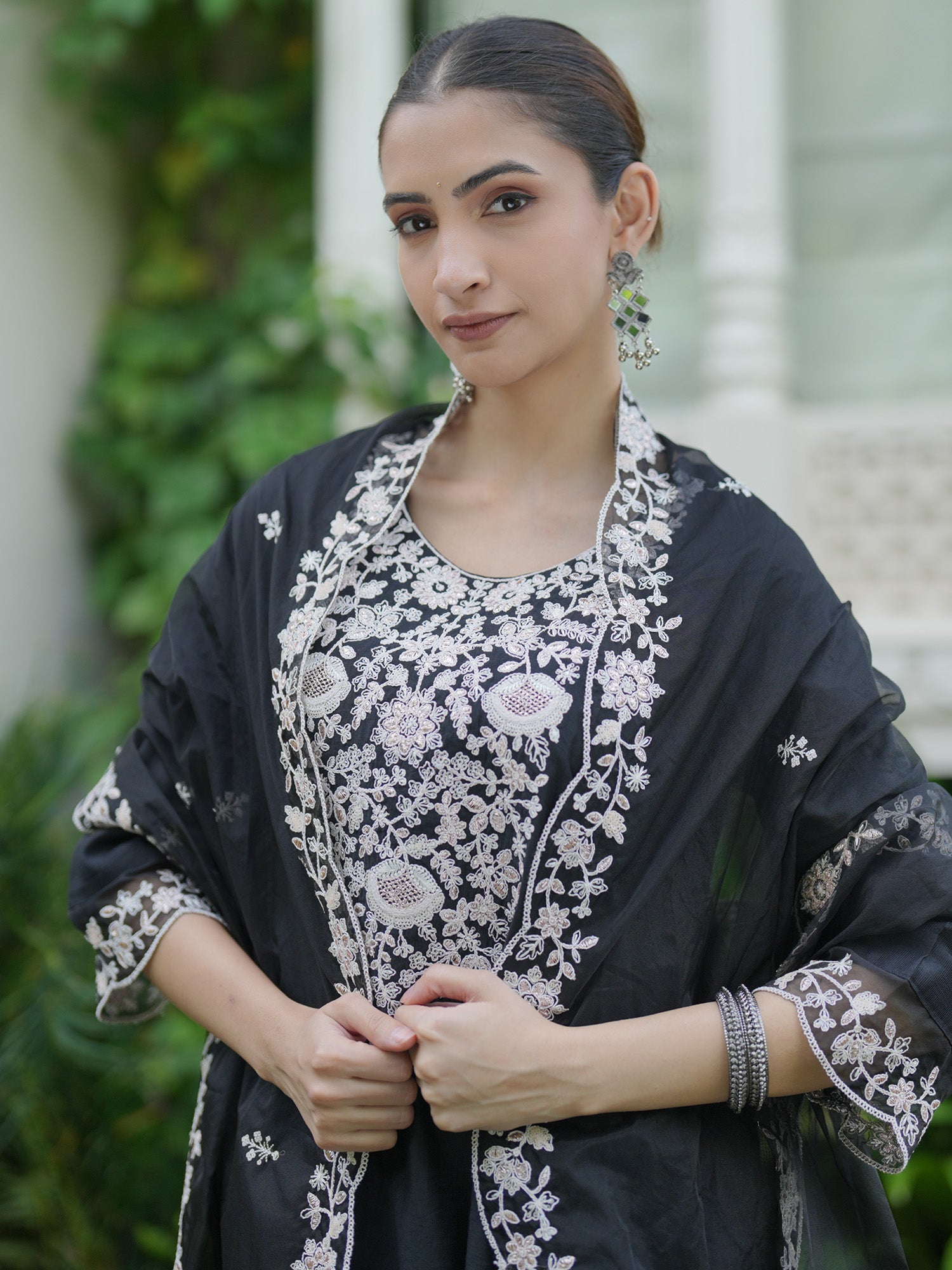 Indo Era Black Embroidered Straight Kurta Trousers With Dupatta  Set