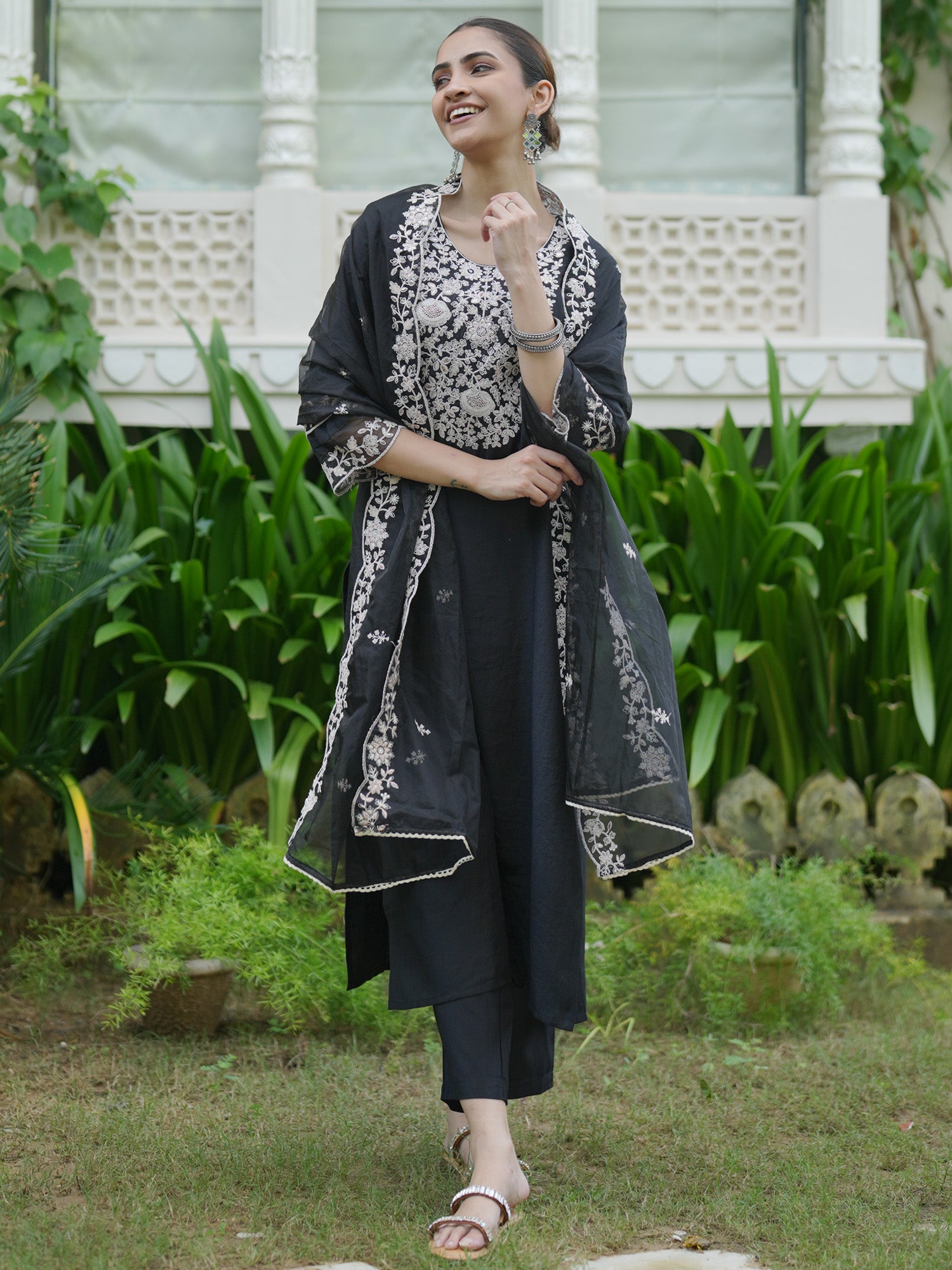 Indo Era Black Embroidered Straight Kurta Trousers With Dupatta  Set