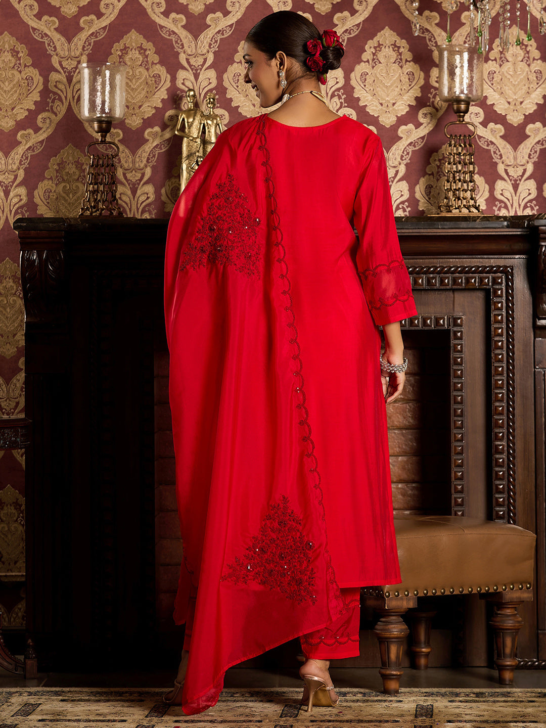 Indo Era Red Embroidered Straight Kurta Trousers With Dupatta Set