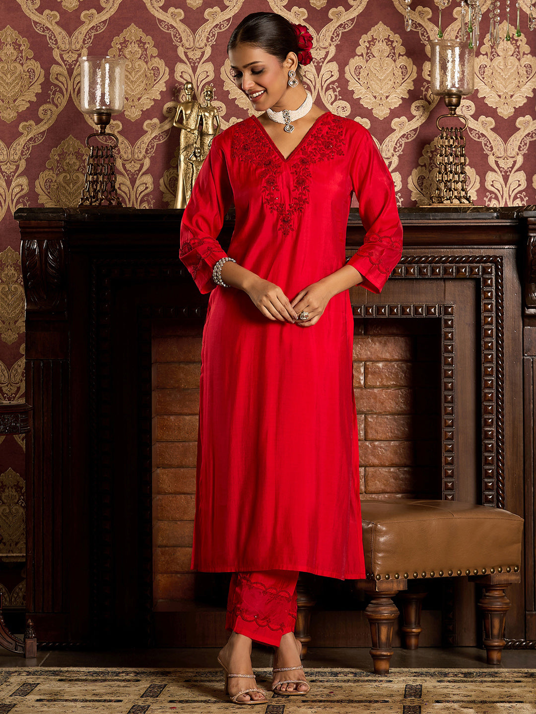 Indo Era Red Embroidered Straight Kurta Trousers With Dupatta Set