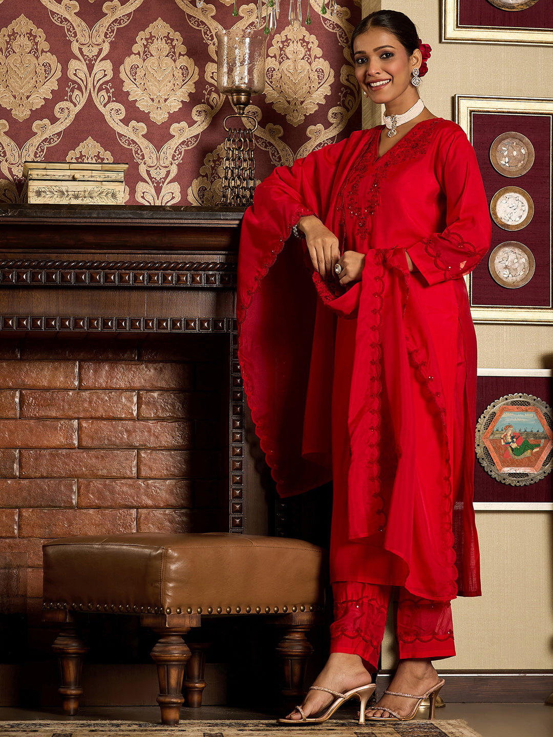 Indo Era Red Embroidered Straight Kurta Trousers With Dupatta Set