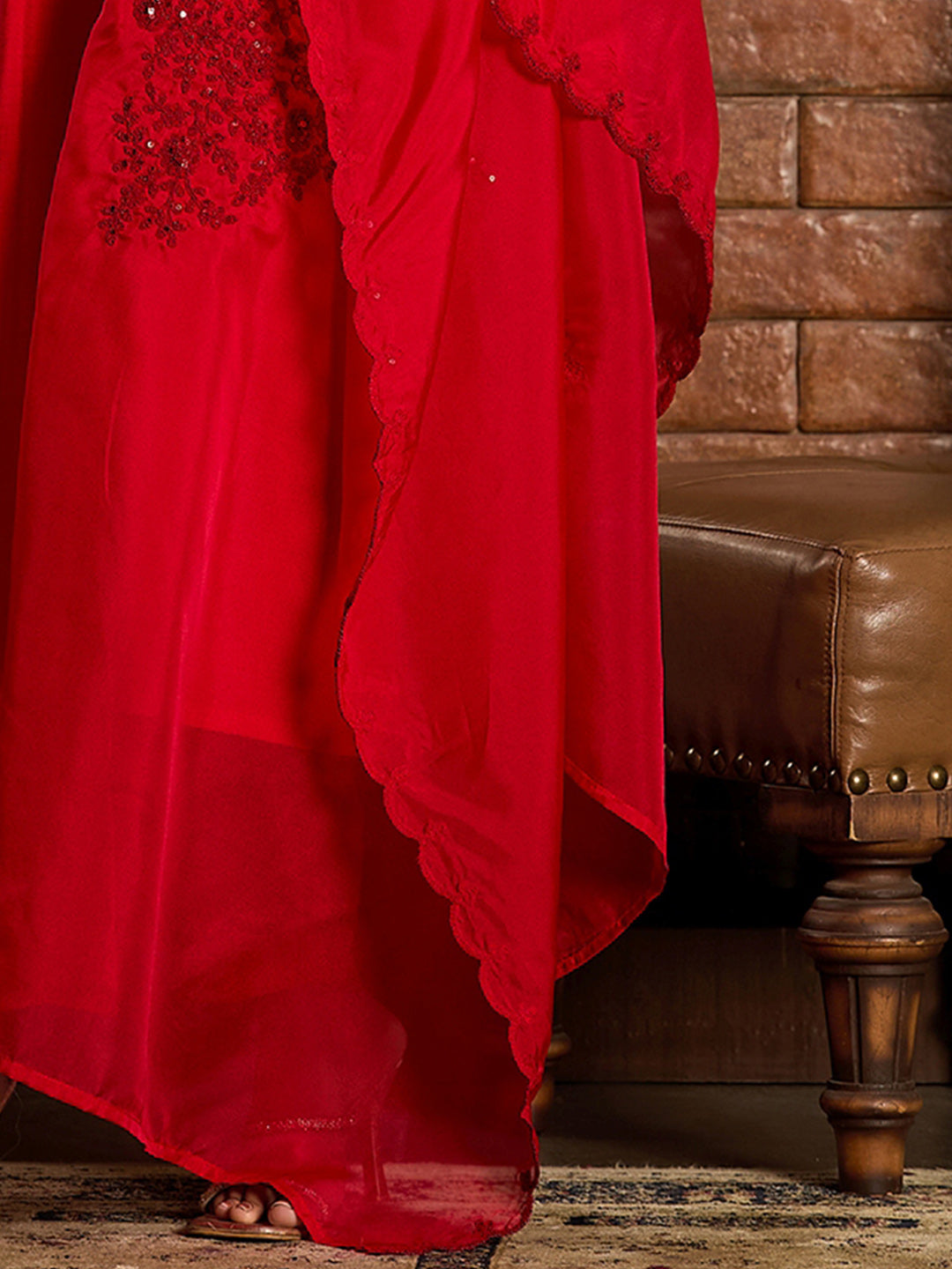 Indo Era Red Embroidered Straight Kurta Trousers With Dupatta Set