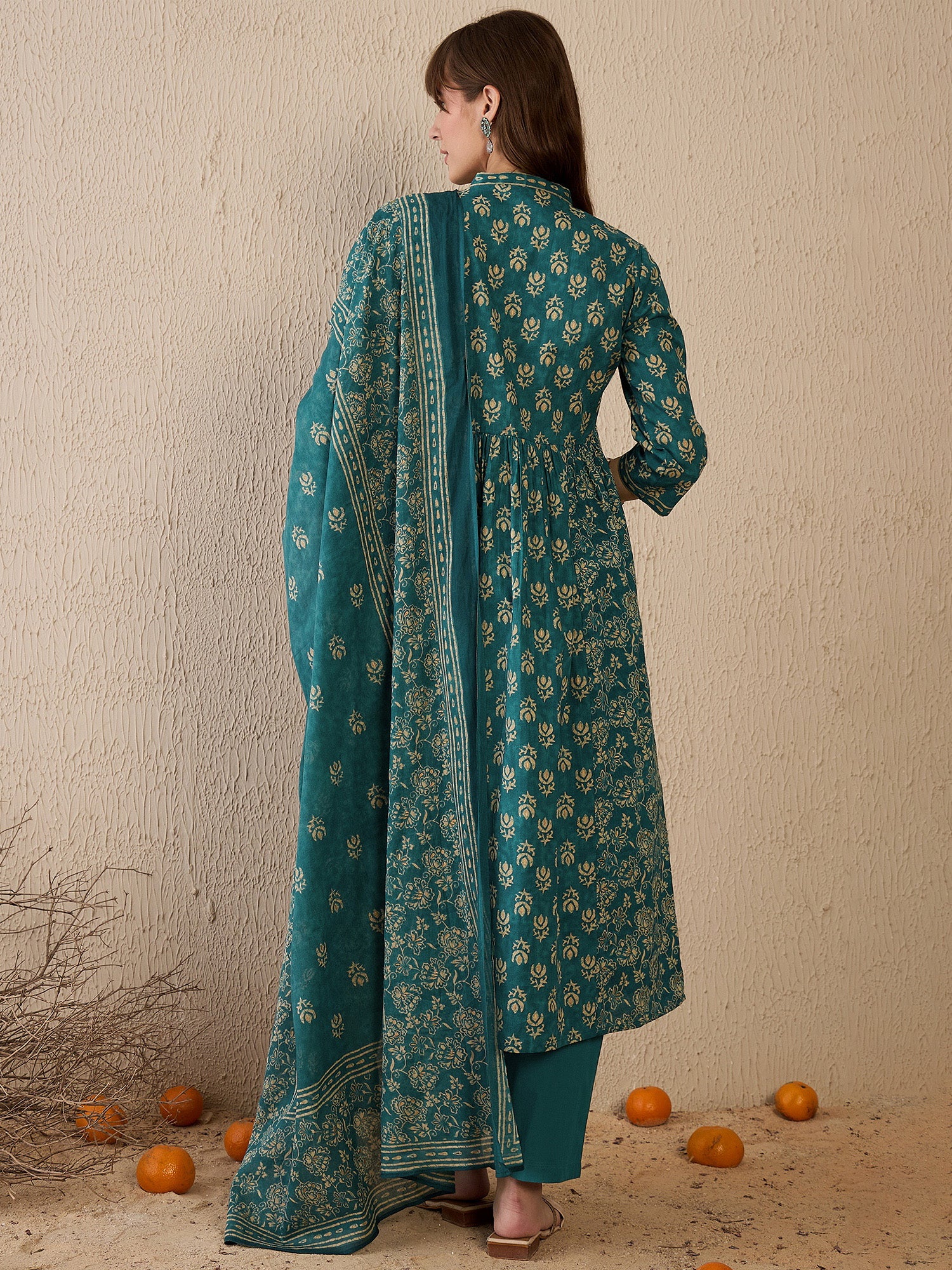 Indo Era Teal Printed A-Line Kurta Trousers With Dupatta set