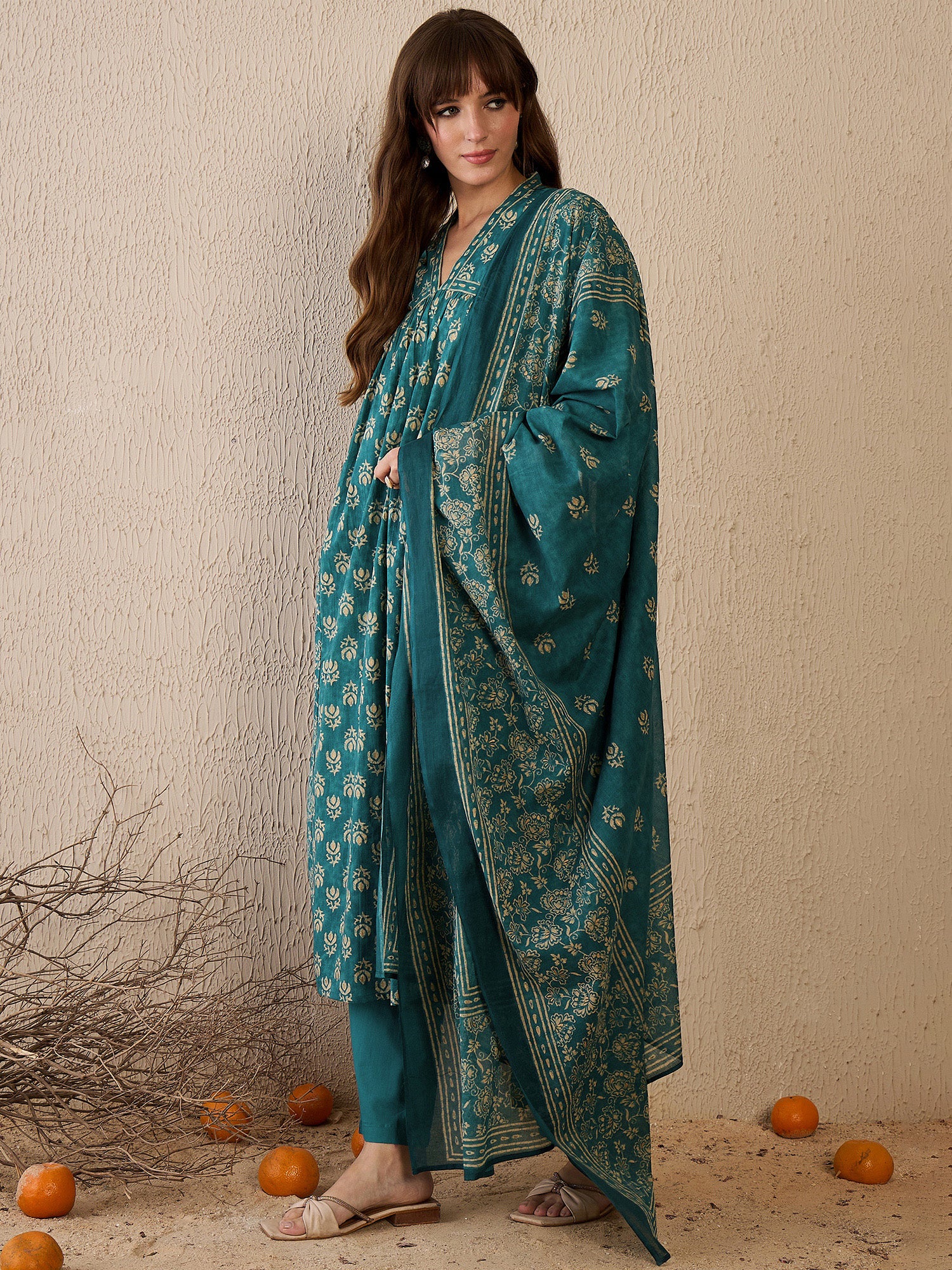 Indo Era Teal Printed A-Line Kurta Trousers With Dupatta set