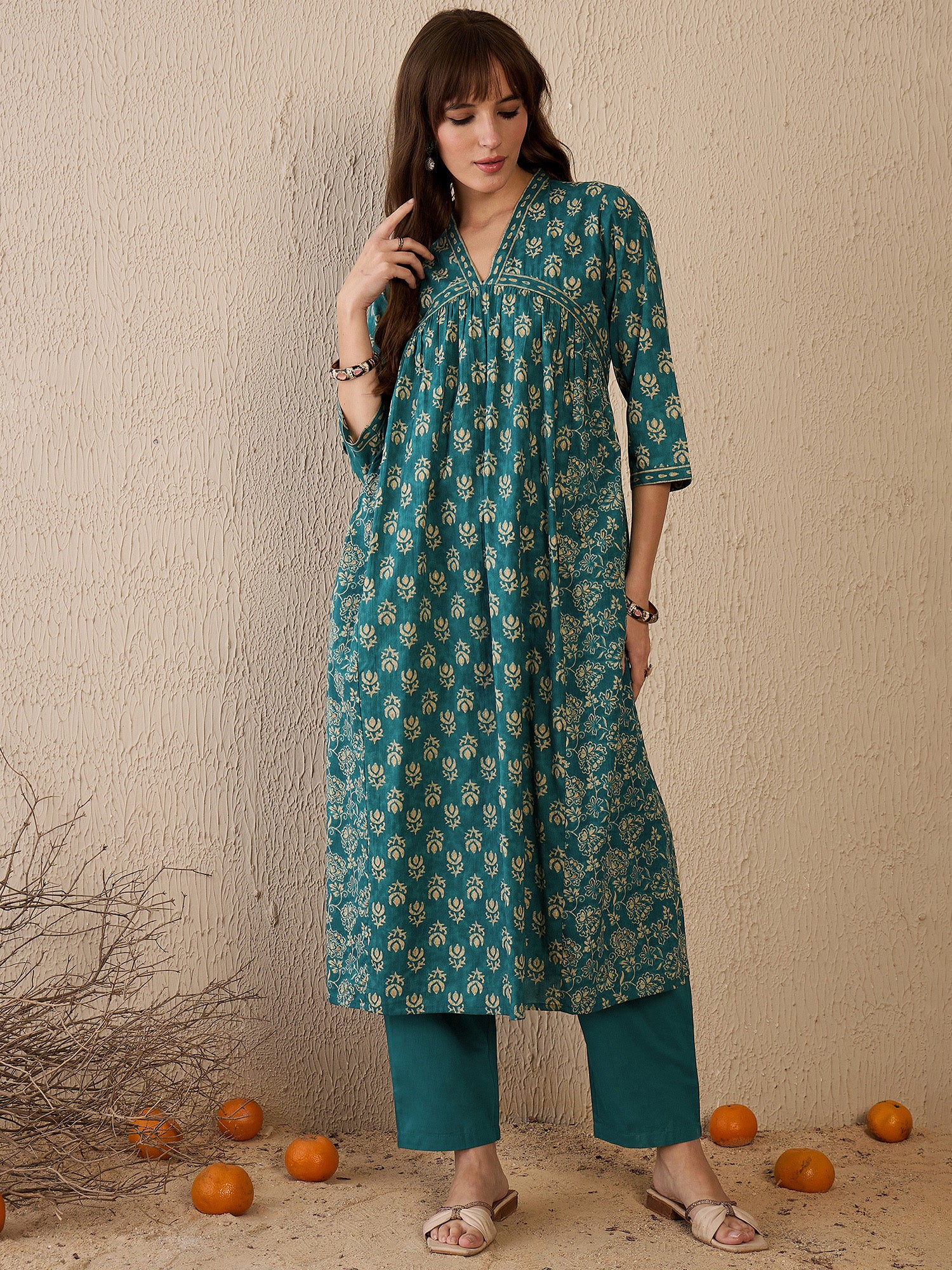 Indo Era Teal Printed A-Line Kurta Trousers With Dupatta set