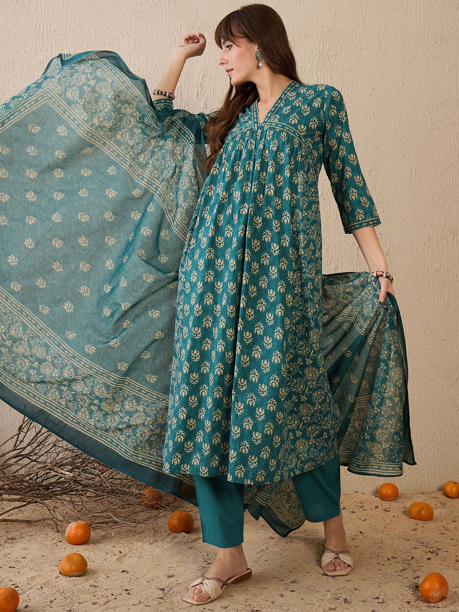 Indo Era Teal Printed A-Line Kurta Trousers With Dupatta set