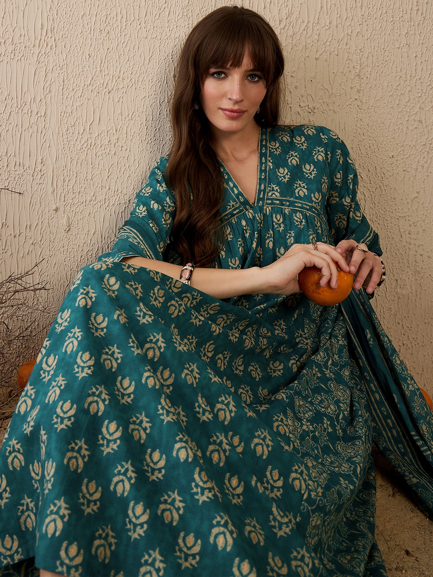 Indo Era Teal Printed A-Line Kurta Trousers With Dupatta set