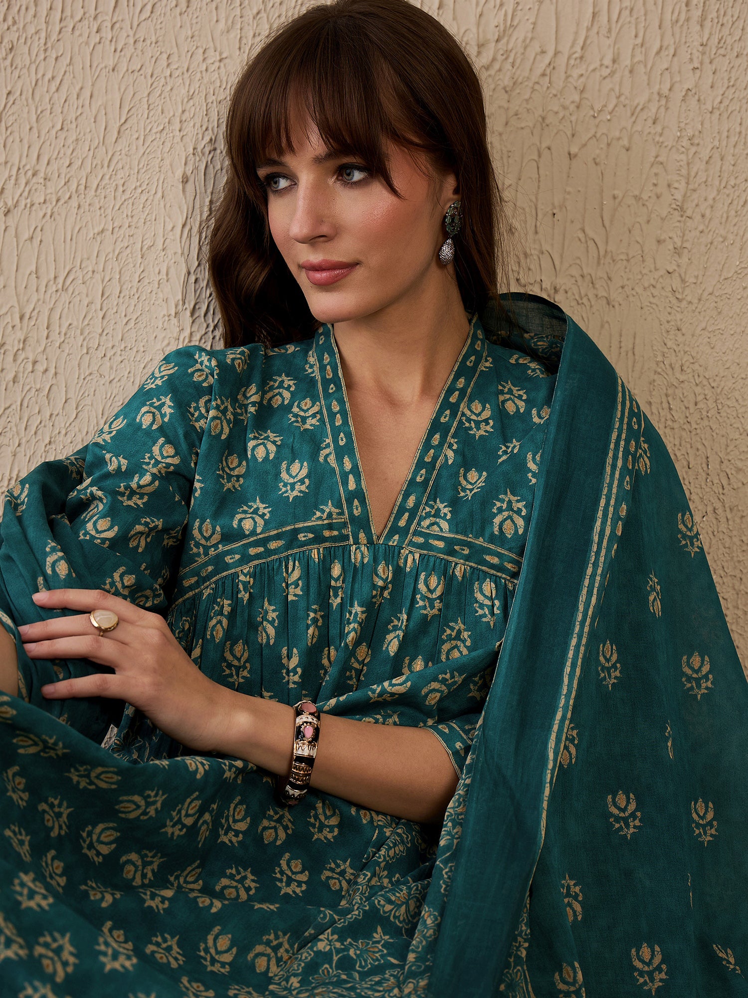 Indo Era Teal Printed A-Line Kurta Trousers With Dupatta set