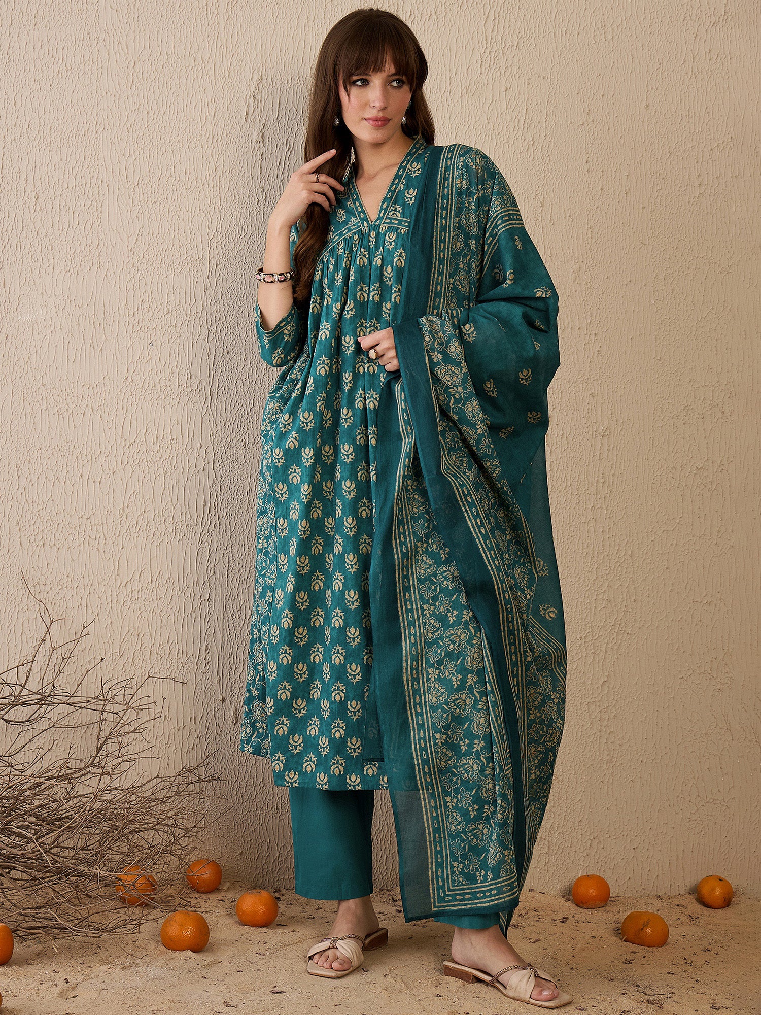 Indo Era Teal Printed A-Line Kurta Trousers With Dupatta set