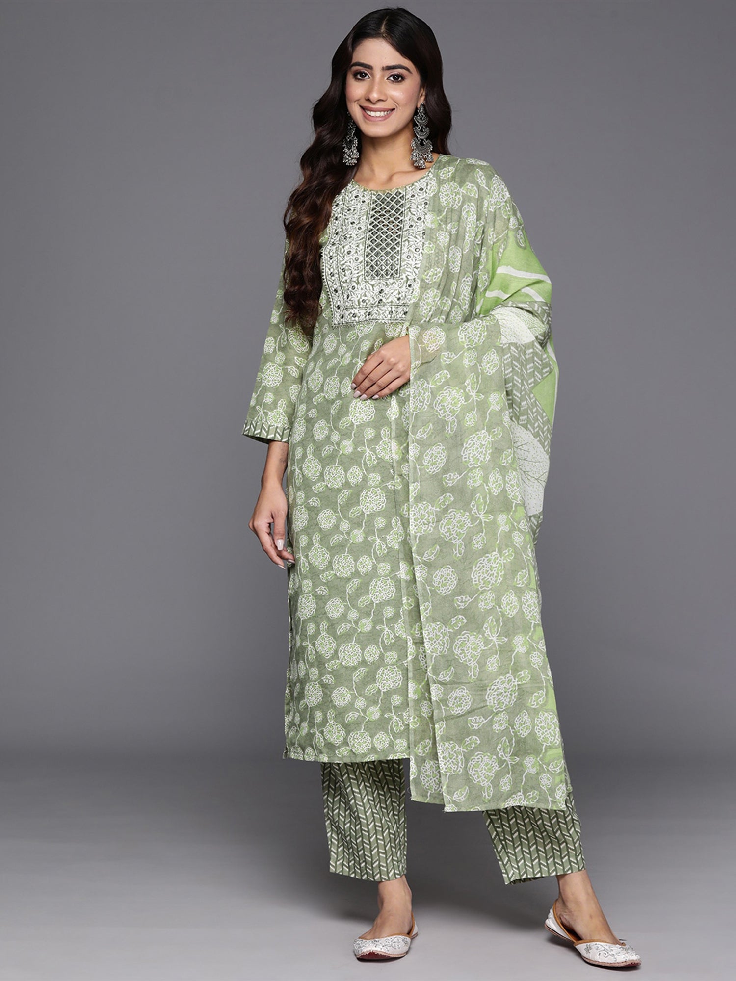 Indo Era Green Embroidered Straight Kurta Trousers With Dupatta Set