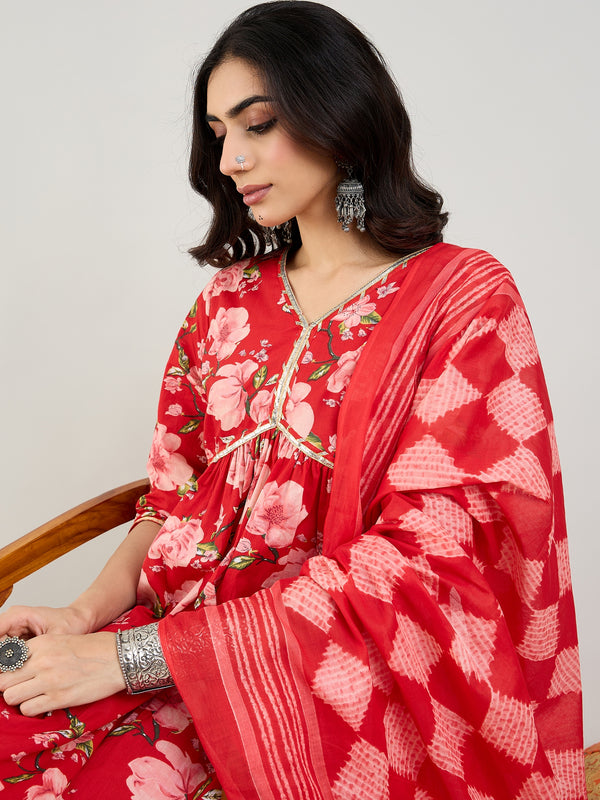 Indo Era Red Printed A-Line Kurta Trousers With Dupatta set