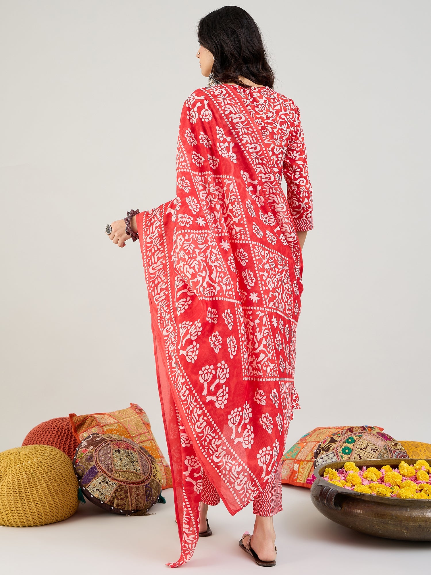 Indo Era Red Printed Straight Kurta Trousers With Dupatta set