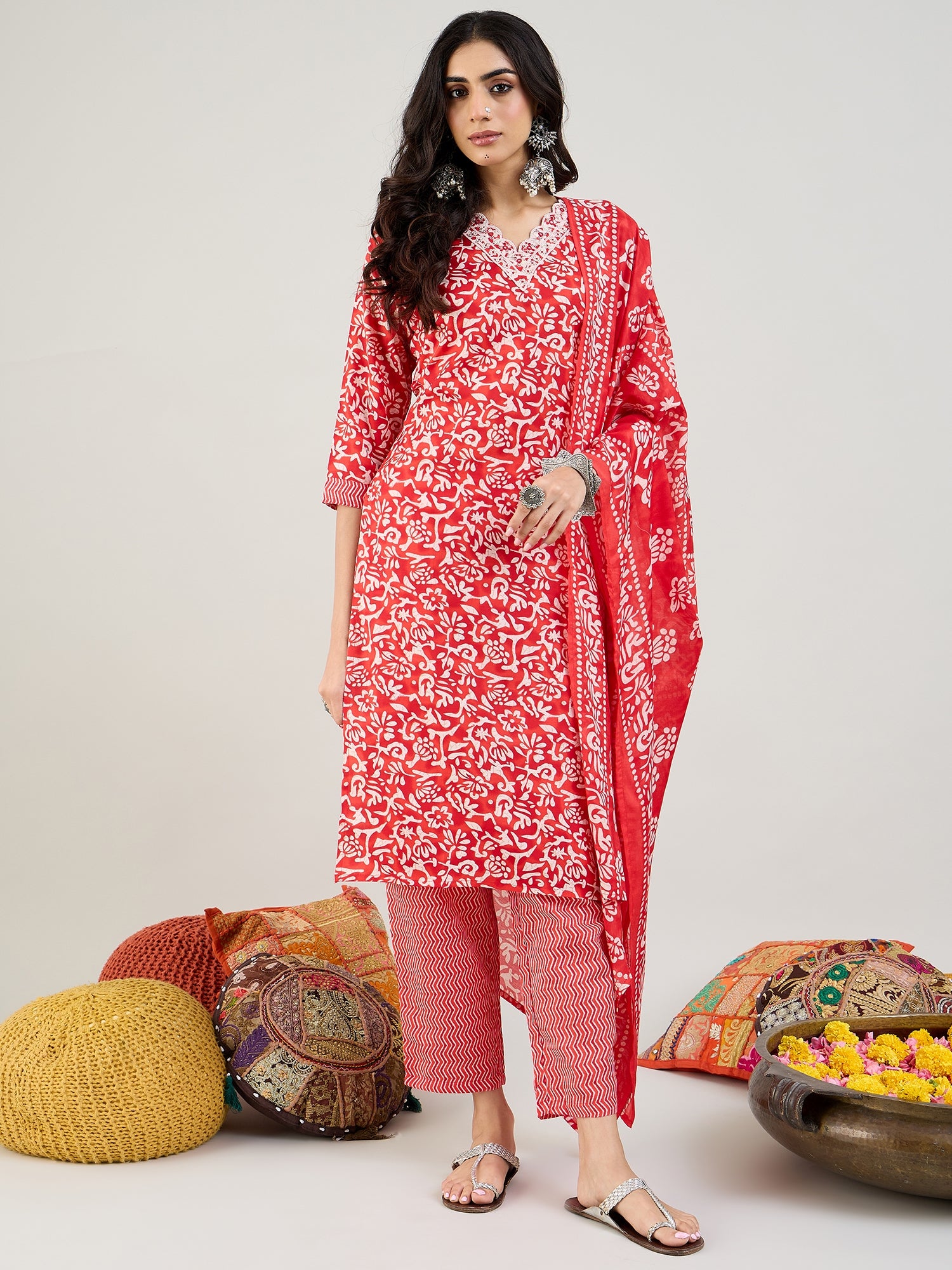 Indo Era Red Printed Straight Kurta Trousers With Dupatta set