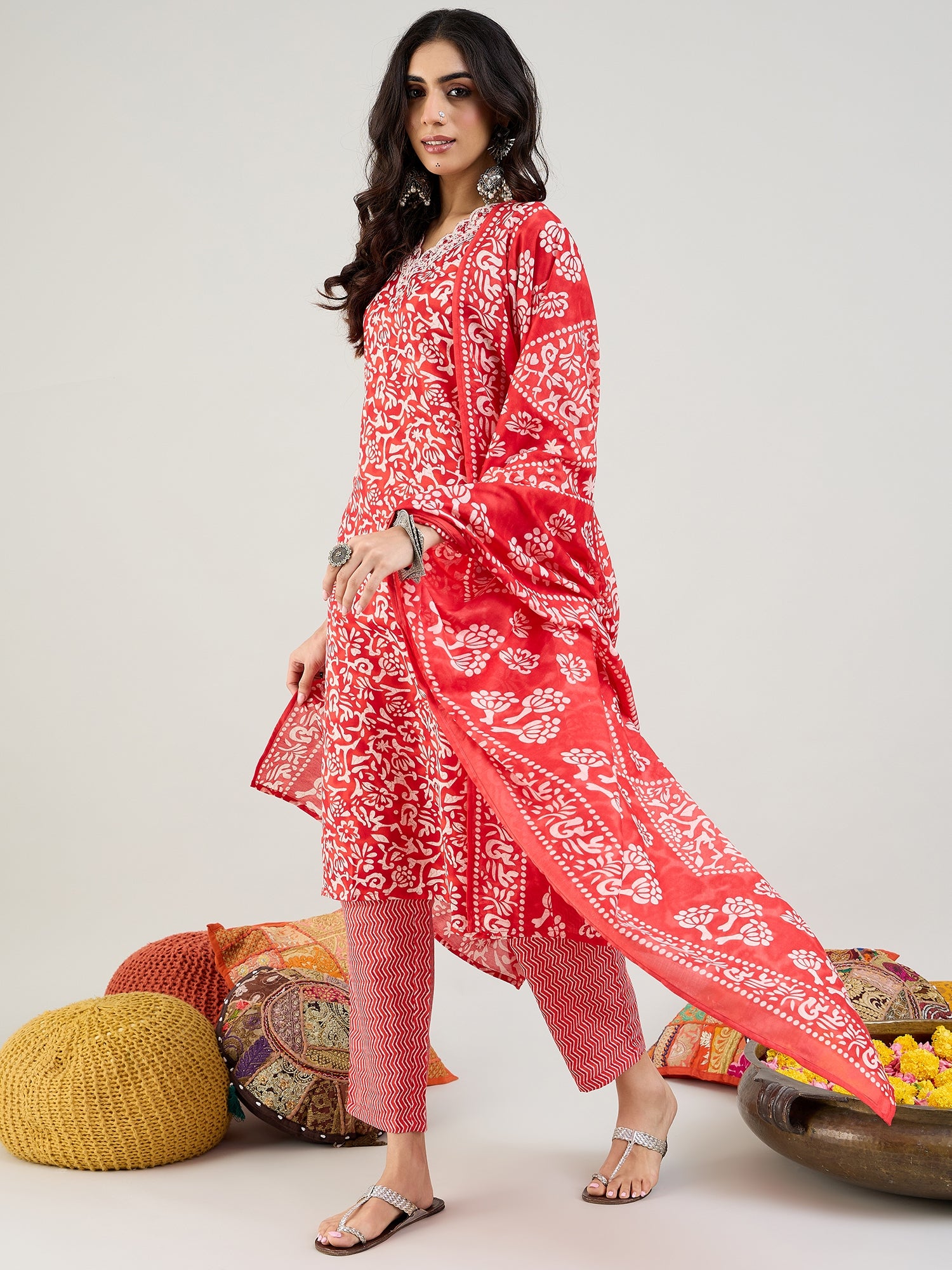 Indo Era Red Printed Straight Kurta Trousers With Dupatta set