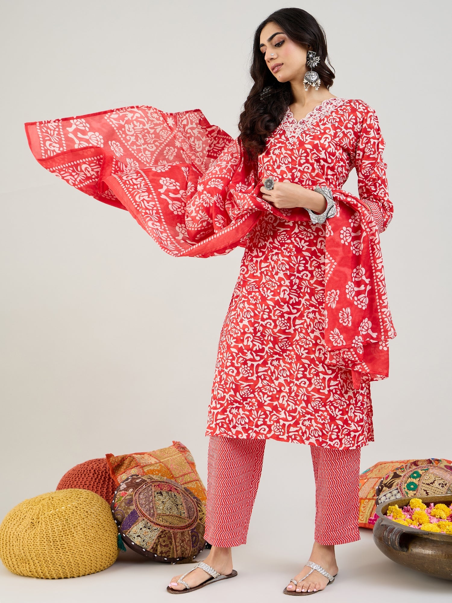 Indo Era Red Printed Straight Kurta Trousers With Dupatta set