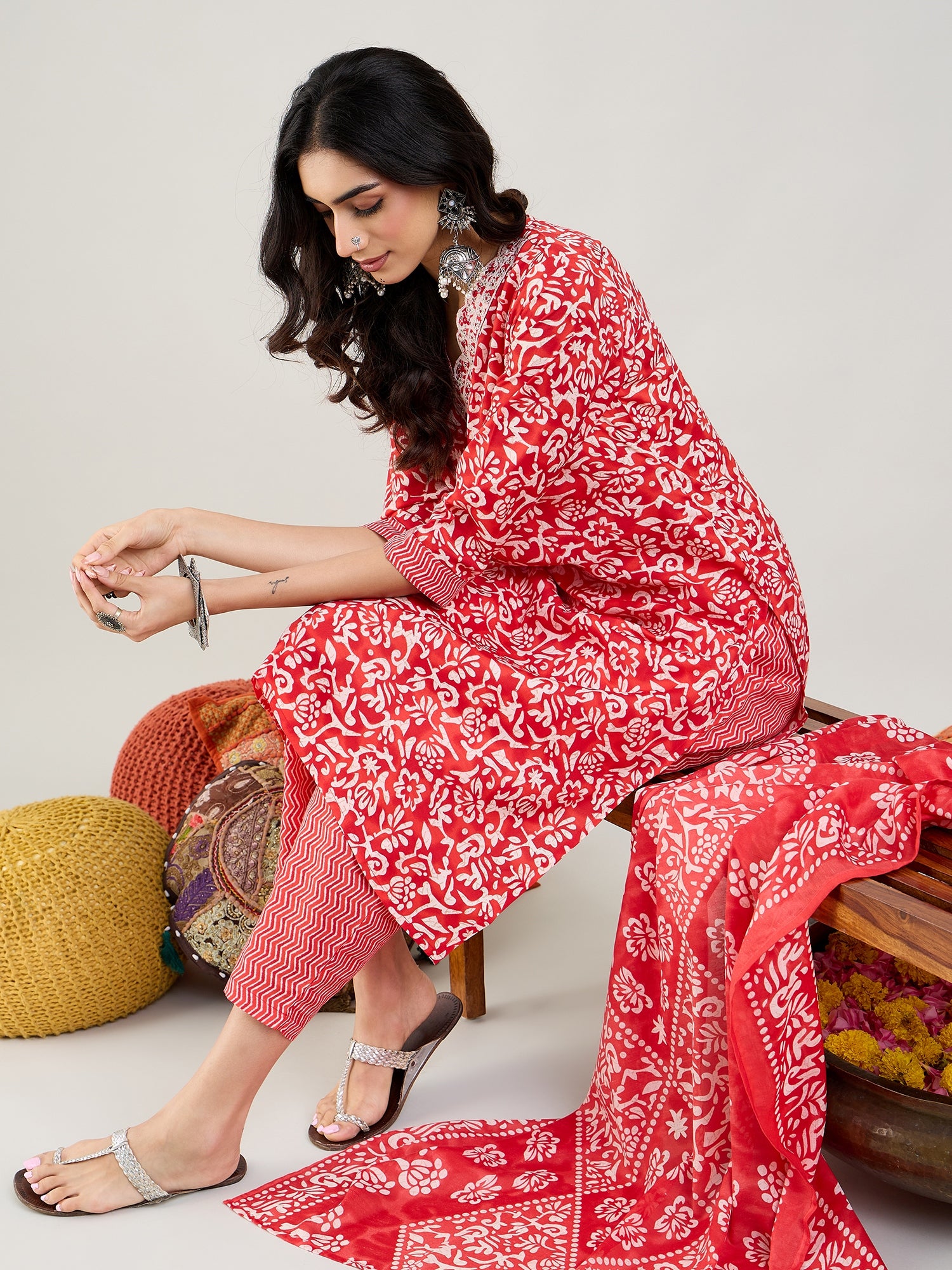 Indo Era Red Printed Straight Kurta Trousers With Dupatta set