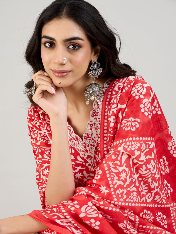 Indo Era Red Printed Straight Kurta Trousers With Dupatta set