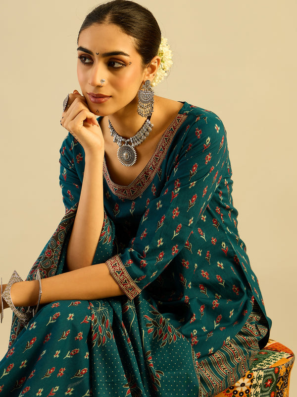 Indo Era Teal Printed Straight Kurta Trousers With Dupatta set